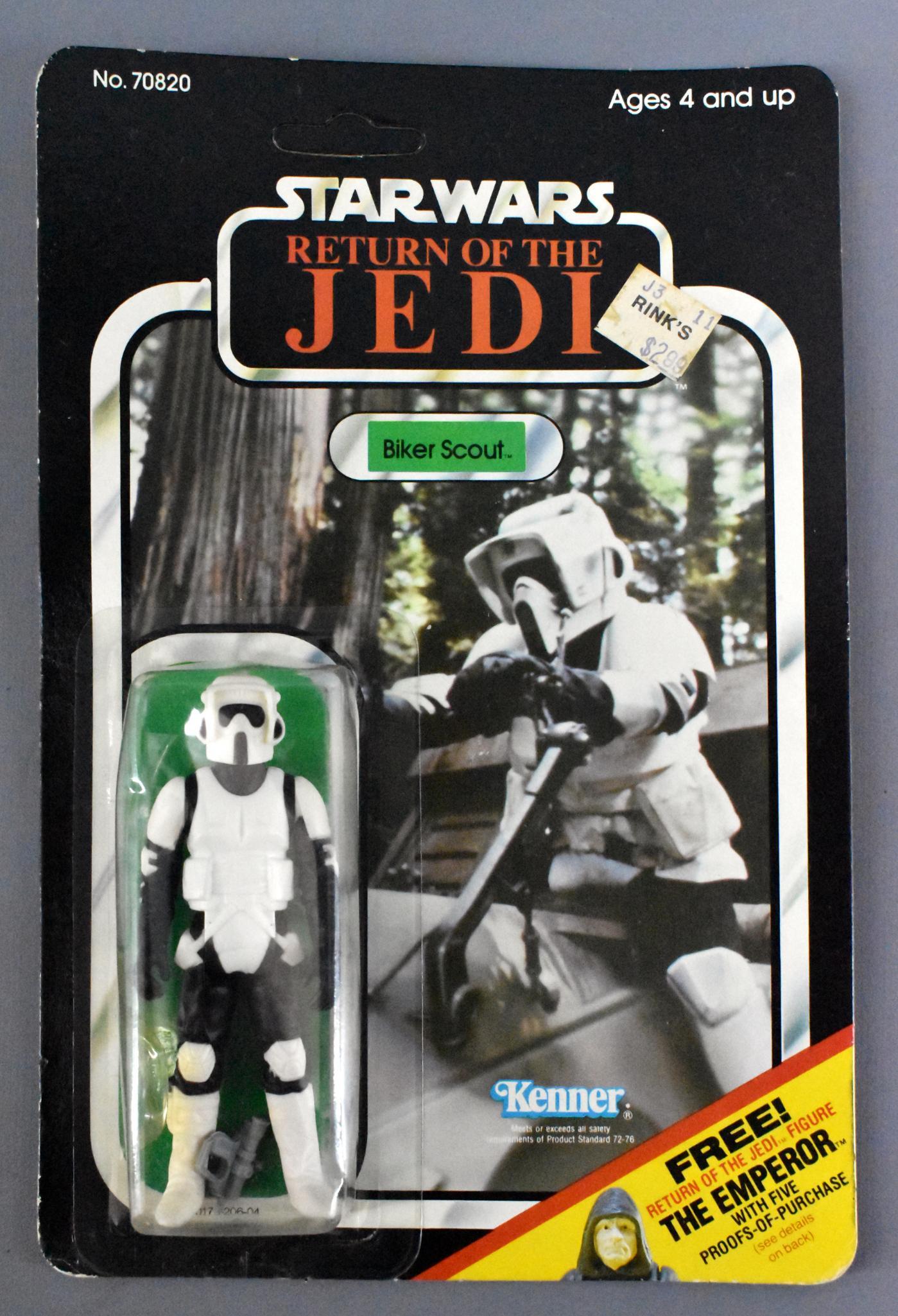 Star Wars ROTJ Biker Scout action figure MOC 65 back: Star Wars ROTJ Biker Scout action figure MOC 65 back with Emperor offer. Figure is mint on an unpunched car with minor curling and minor edge wear, the blister is clear but has two small dings. Sold a