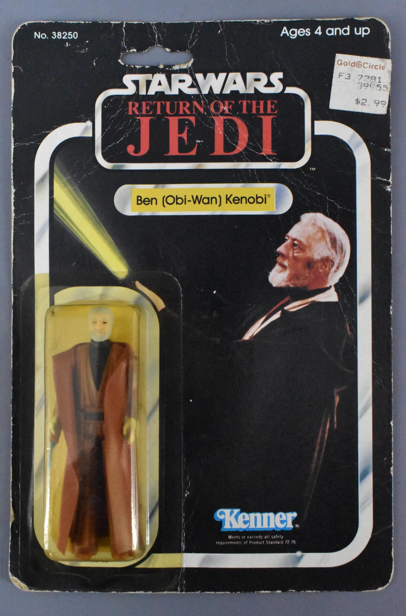 Star Wars ROTJ Ben Obi Wan Kenobi action figure MOC 65: Star Wars ROTJ Ben Obi Wan Kenobi action figure MOC 65 back. Figure is mint, card is punched with heavy creasing, edge wear and curling, blister is slightly yellowed but undamaged. Sold as-is as seen