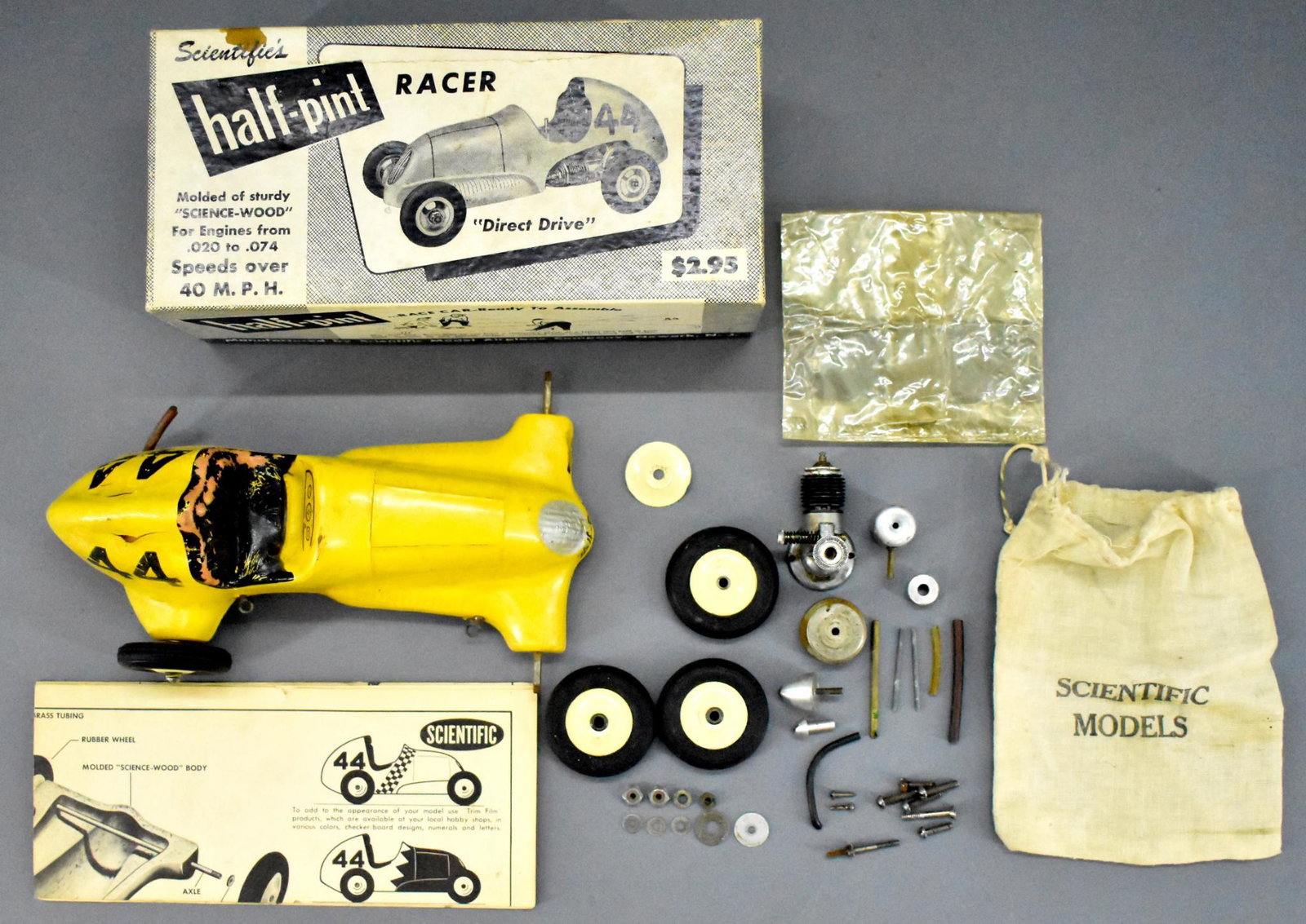 Scientific Half-Pint Tether Racer in original box: Scientific Half-Pint Tether Racer in original box. Kit appears to be complete but has been partially assembled as seen in the photos. The original box is in very good condition as are the original ins