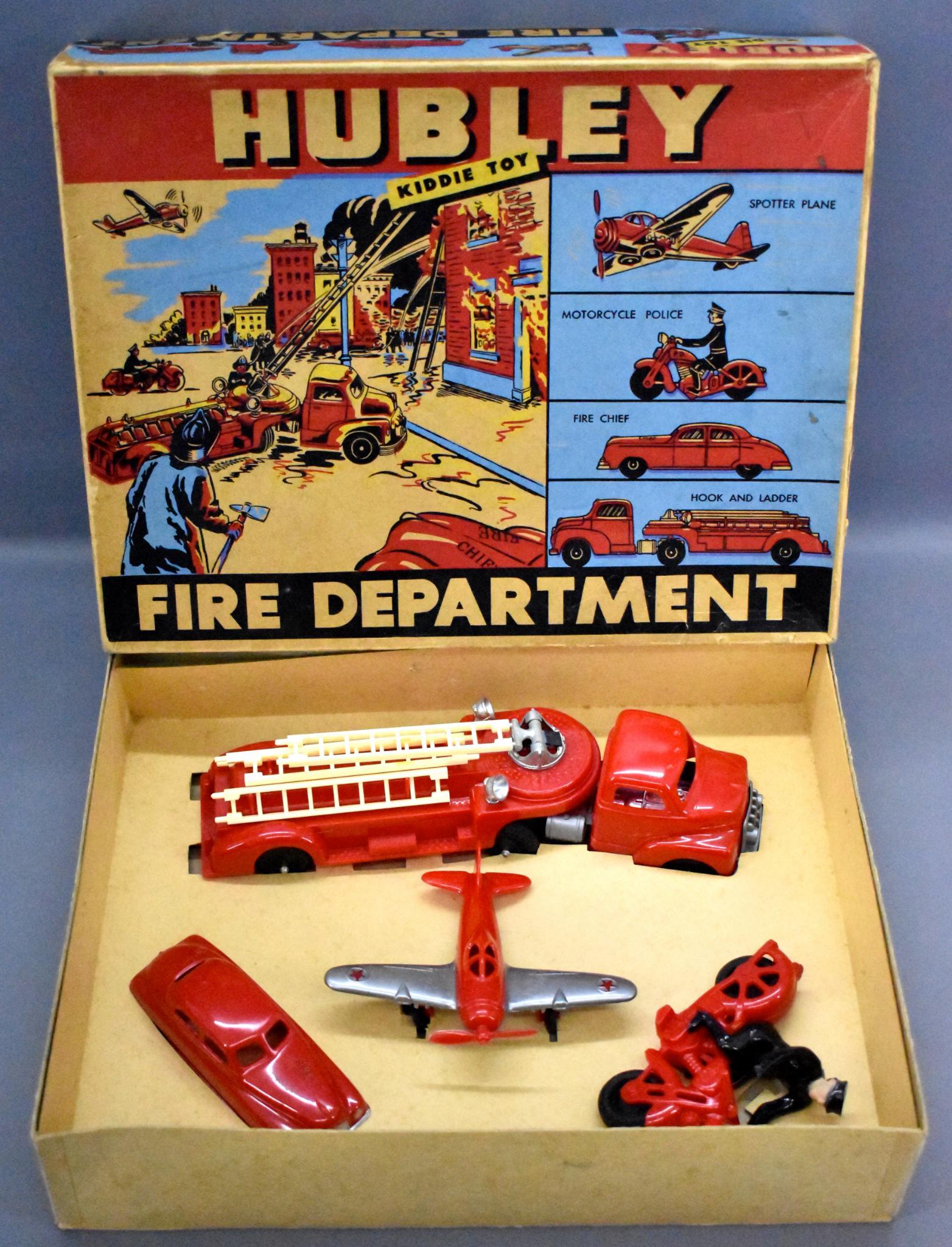Rare Hubley Kiddie Toy Fire Department play set in: Rare Hubley Kiddie Toy Fire Department play set in original box with hook and ladder, fire chief car, motorcycle police and spotter plane, near mint in an excellent original box with a nice original i