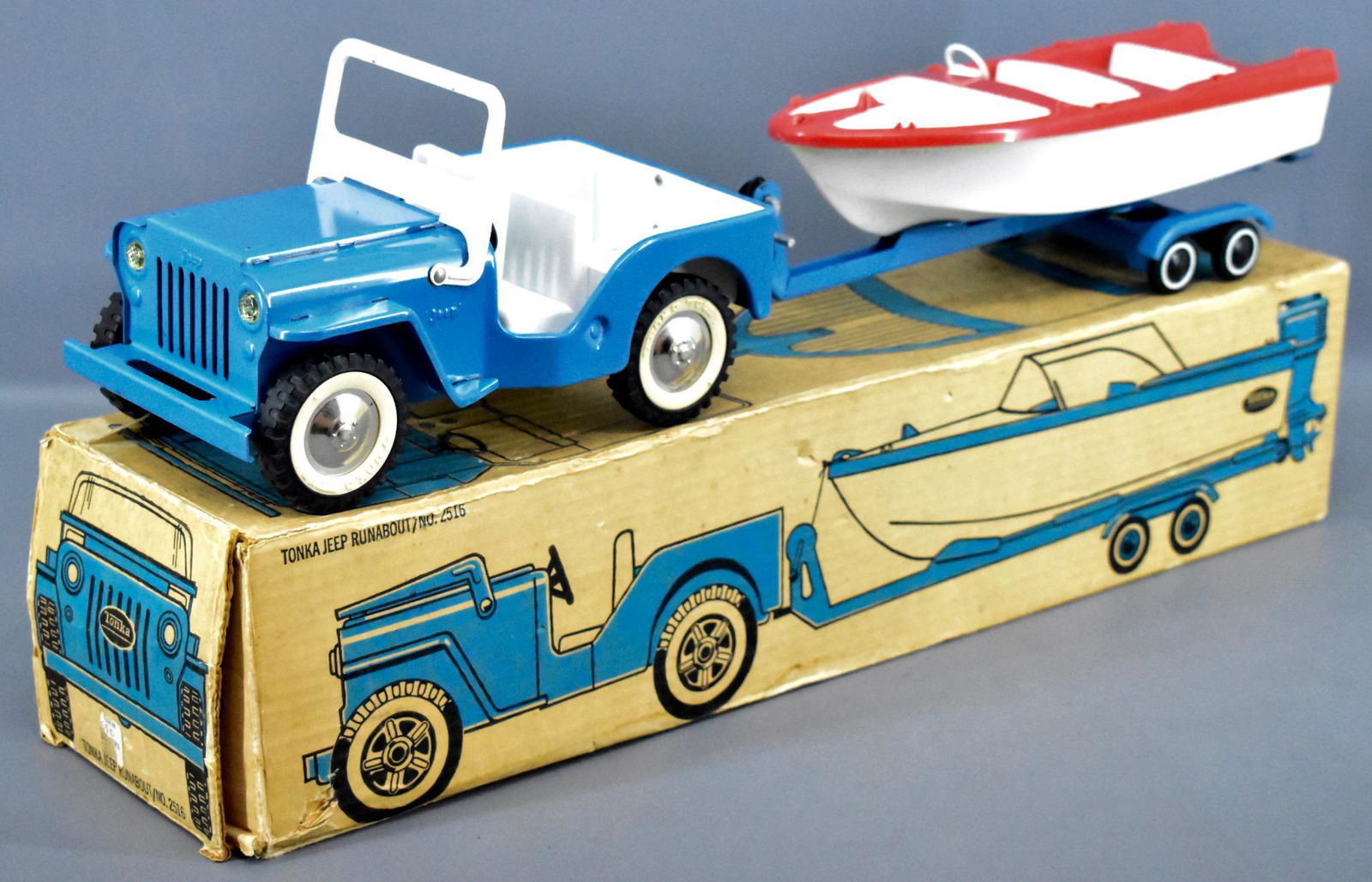 Tonka pressed steel Jeep Runabout with boat in original: Tonka pressed steel Jeep Runabout with boat in original box 2516. The jeep is extremely nice and clean as is the trailer but the boat is missing the windscreen and motor. The original box is complete