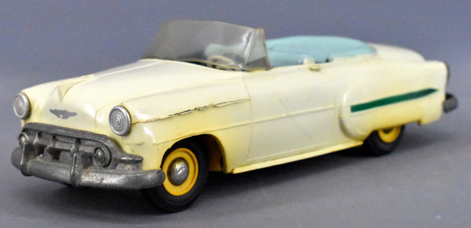 1954 Chevy Bel Air convertible bank promo car Campus: 1954 Chevy Bel Air convertible bank promo car campus Cream with blue boot, car is very nice and clean with some warpage as seen in the photos but has no key.