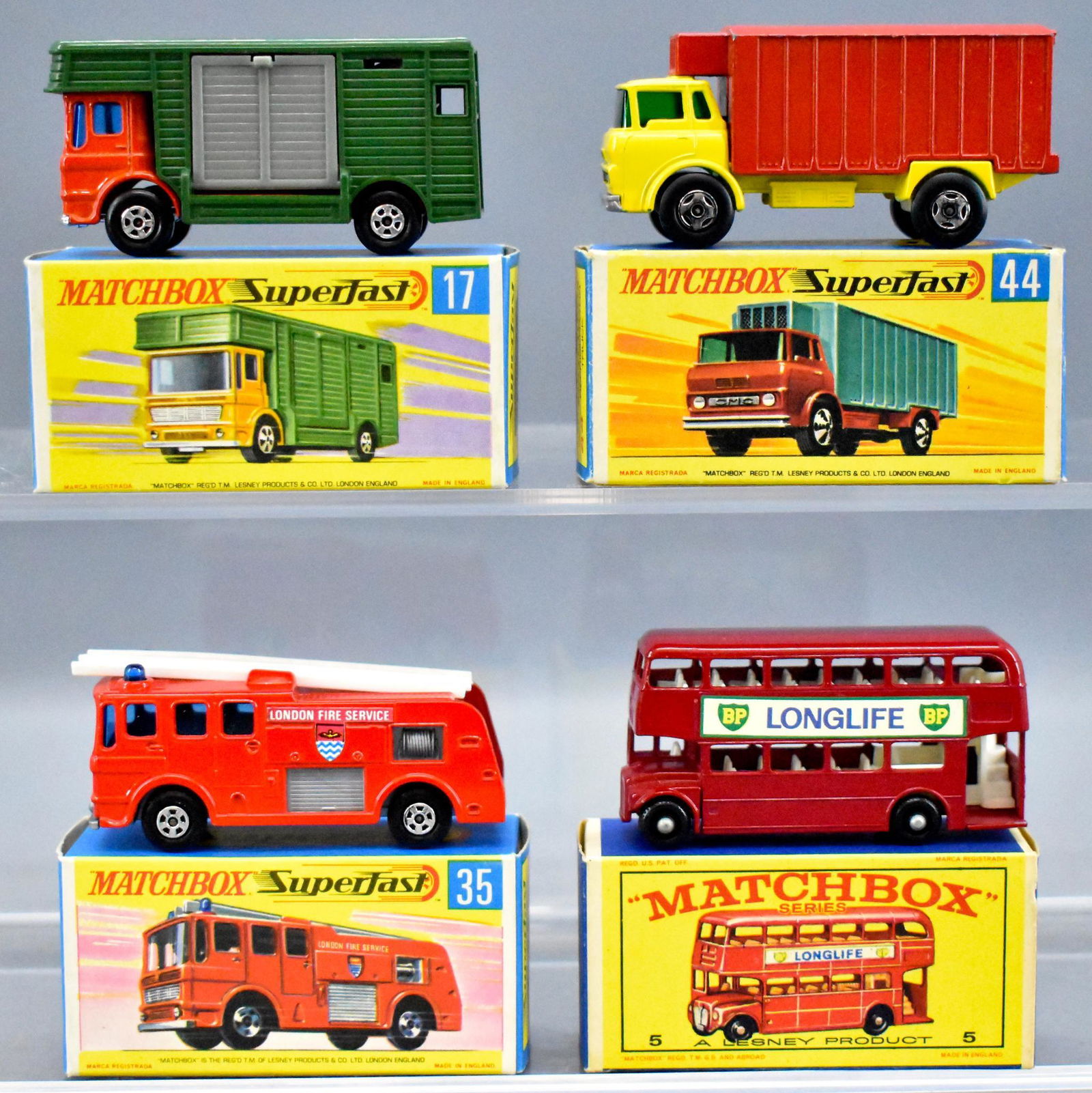 Four Matchbox die cast in original boxes 5 17 35 44: Four Matchbox die cast in original boxes to include regular wheels 5 new model London bus plus thin wheel transitional superfast 17 horse box, 35 Merryweather fire engine and 44 refrigerator truck, al