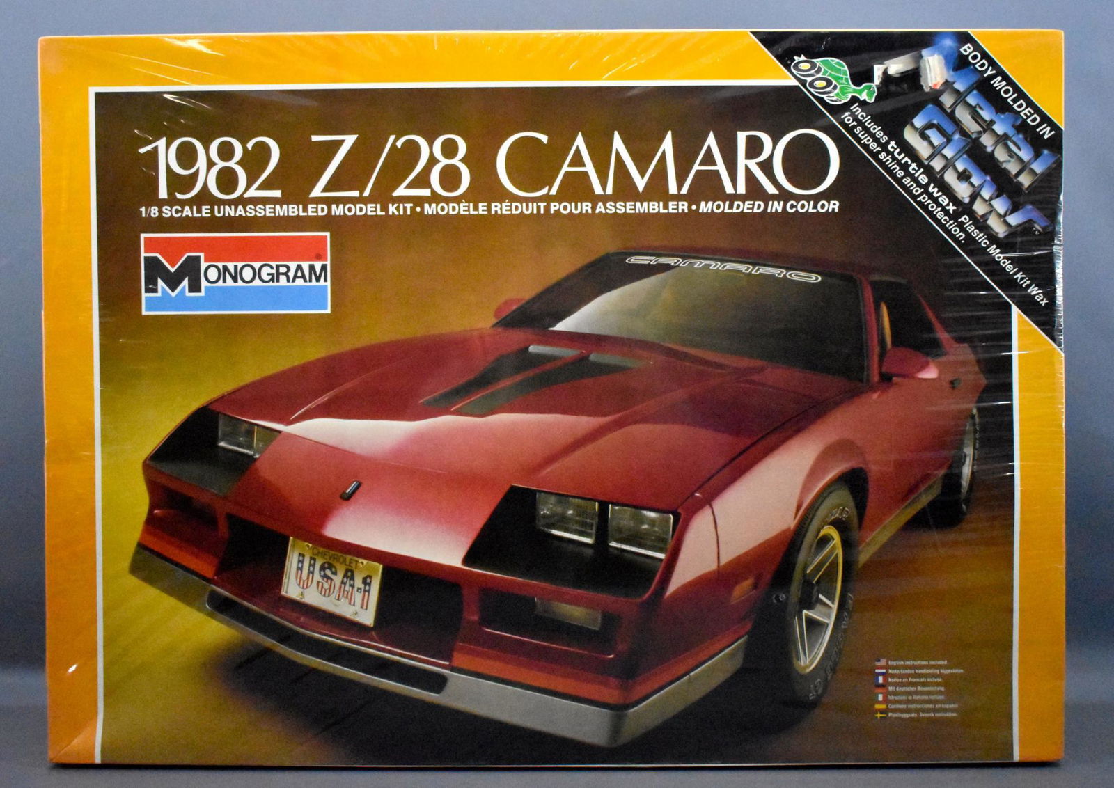 Factory sealed Monogram 1/8 scale 1982 Z/28 Camaro: Factory sealed Monogram 1/8 scale 1982 Z/28 Camaro model kit 2607. Kit is perfectly sealed in a near mint original box, body molded in metal glow.
