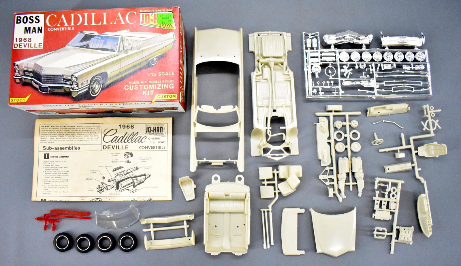 Unbuilt Jo-Han Boss Man 1968 Cadillac Deville: Unbuilt Jo-Han Boss Man 1968 Cadillac Deville convertible 1/25 scale model kit C-5368. Kit is complete and untouched with a complete original instruction sheet and an excellent original box.