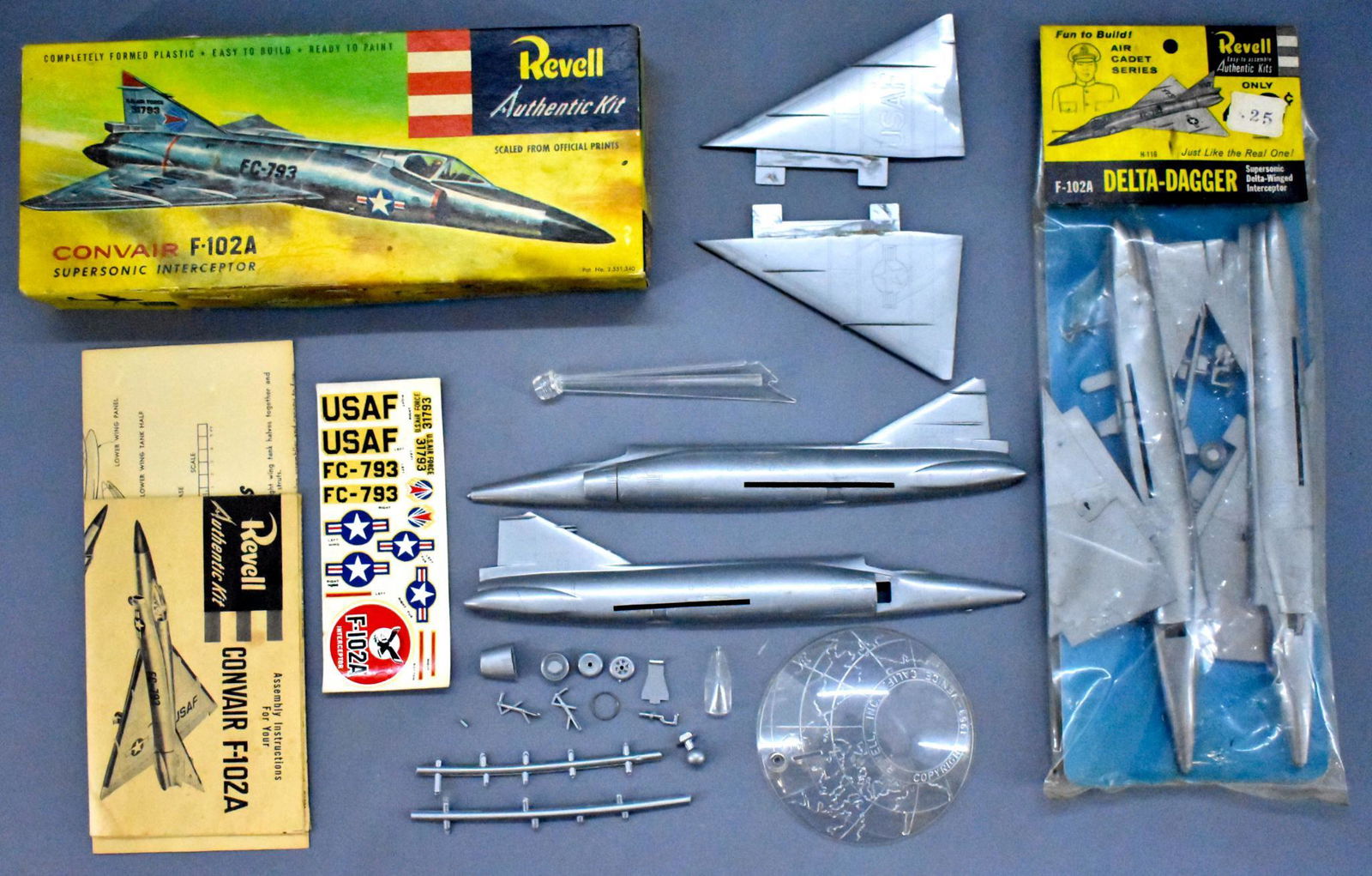 Pair of 1960's Revell US Military jet model kits H-116: Pair of 1960's Revell US Military jet model kits to include H-116 AND H-233, both of which are F-102A Delta Daggers. The H-116 kit is from the Air Cadet Series and is on a sealed header card. The H-23