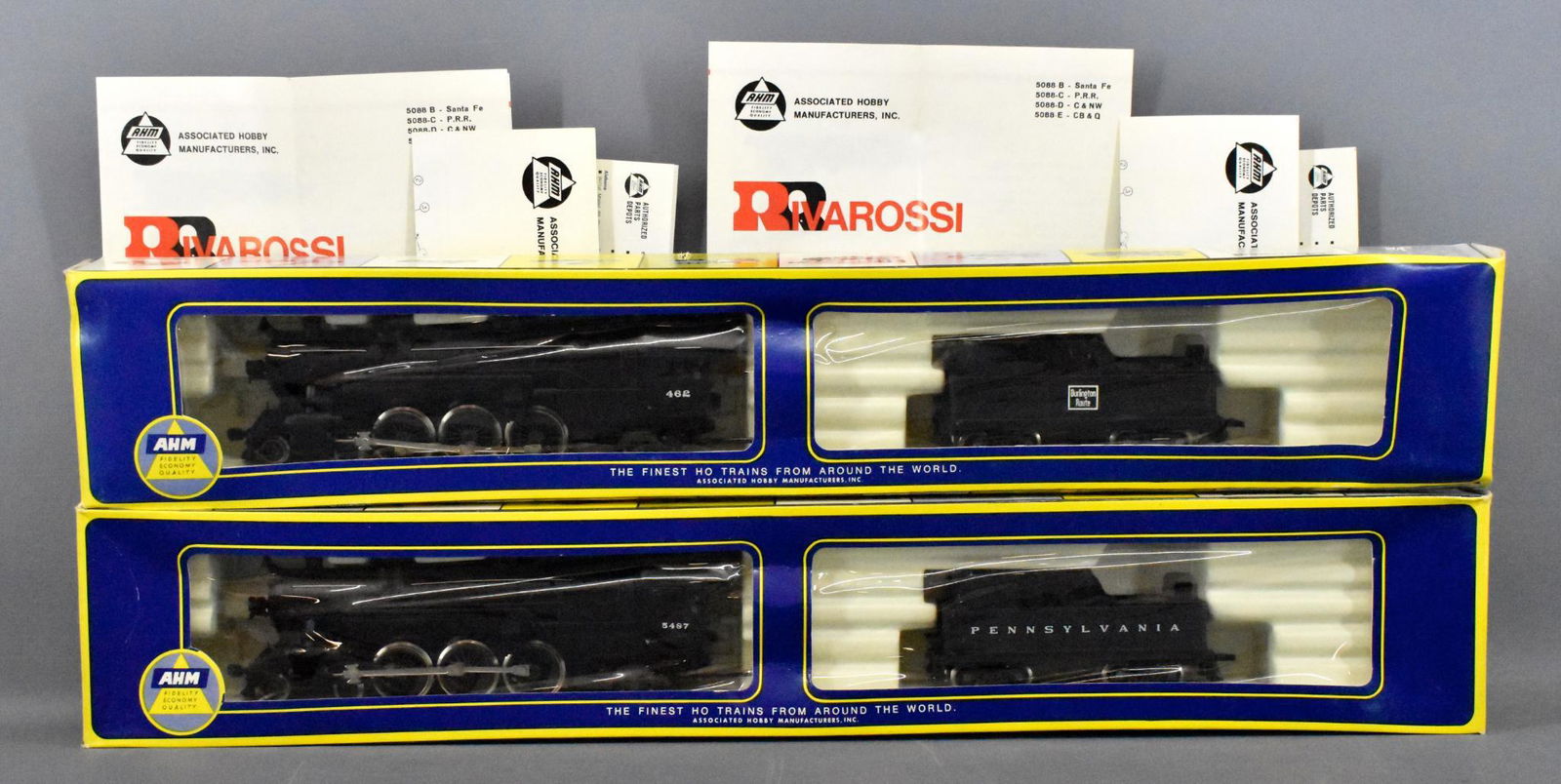 Two Rivarossi HO scale 4-6-2 Light Pacific steam: Two Rivarossi HO scale 4-6-2 Light Pacific steam locomotives, mint in original boxes. Includes 5088-C Pennsylvania and 5088-E Burlington, both unrun and C9-10 in very good to excellent original boxes