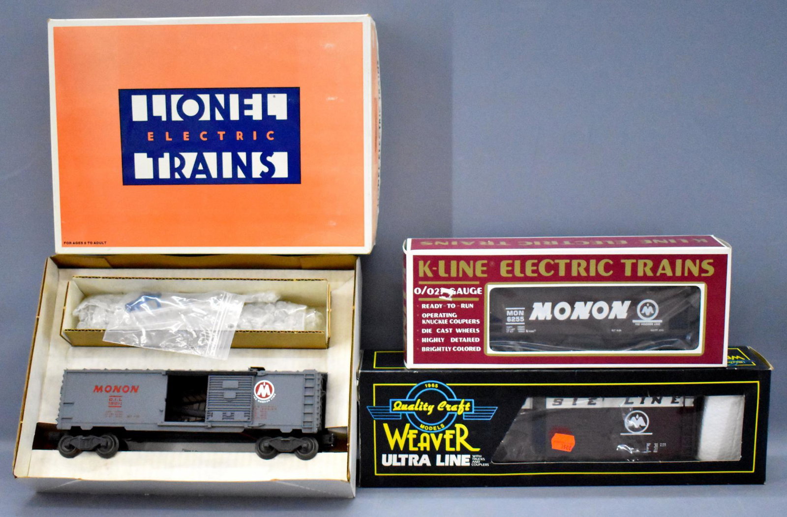 Lionel Weaver and K-Line O gauge Monon freight cars in: Lionel, Weaver and K-Line O gauge Monon freight cars in original boxes to include Lionel 19811 operating brakeman car, K-Line classic hopper and Weaver PS-1 box car, C8.