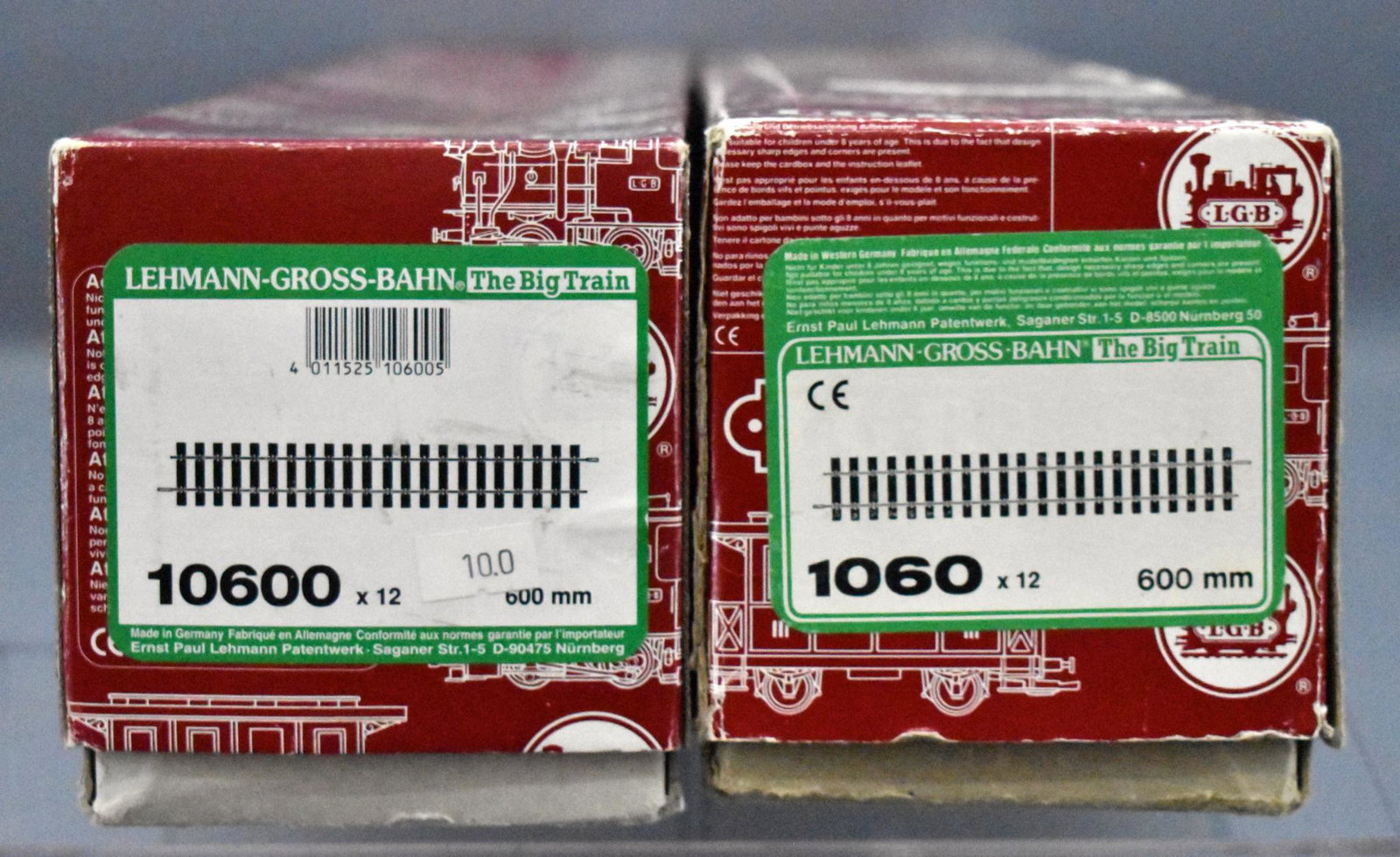 Two boxes of LGB G scale straight track in original: Two boxes of LGB G scale straight track in original boxes to include 12 sections of 1060 and 12 sections of 10600, all 24" long and in excellent condition.