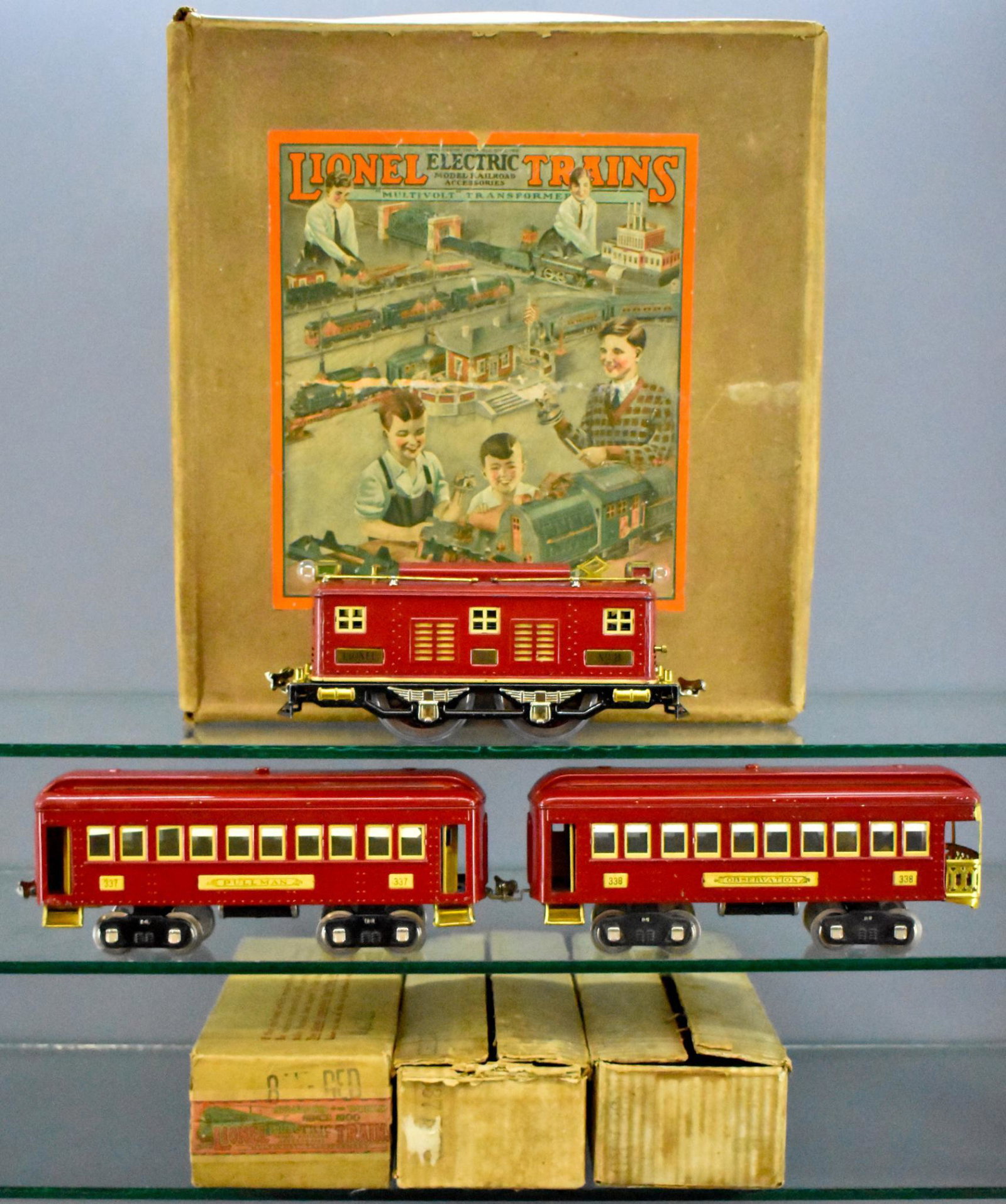 Boxed Lionel prewar standard gauge 347E electric: Boxed Lionel prewar standard gauge 347E electric passenger set. Set consists of 8 box cab electric locomotive, 337 Pullman and 338 observation cars, C6+ with correct original boxes that are very good 