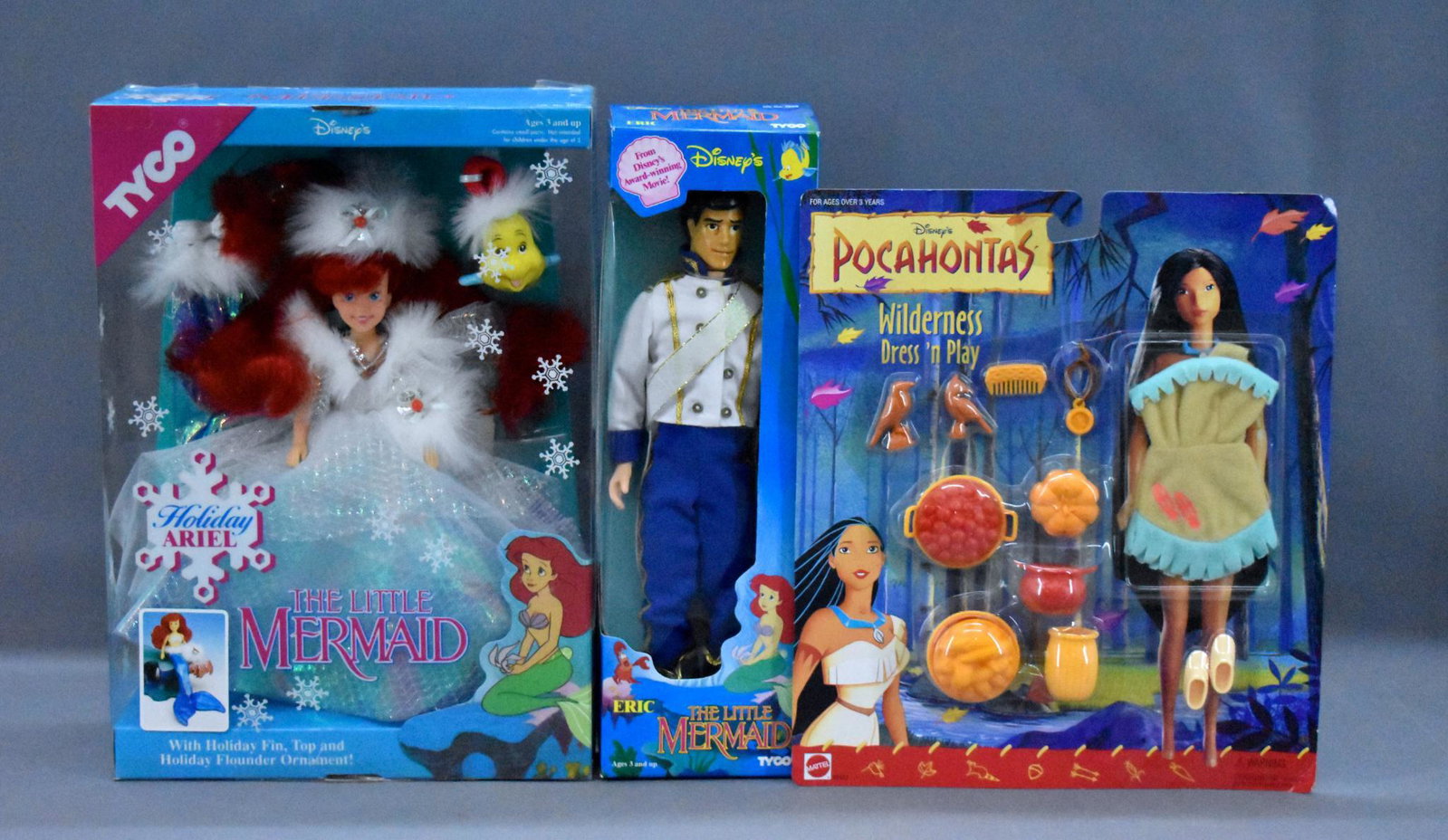 Tyco Disney Little Mermaid Eric Holiday Ariel and: Tyco Disney Little Mermaid Eric Holiday Ariel and Pocahontas accessory pack, all unopened and unused with excellent original boxes.