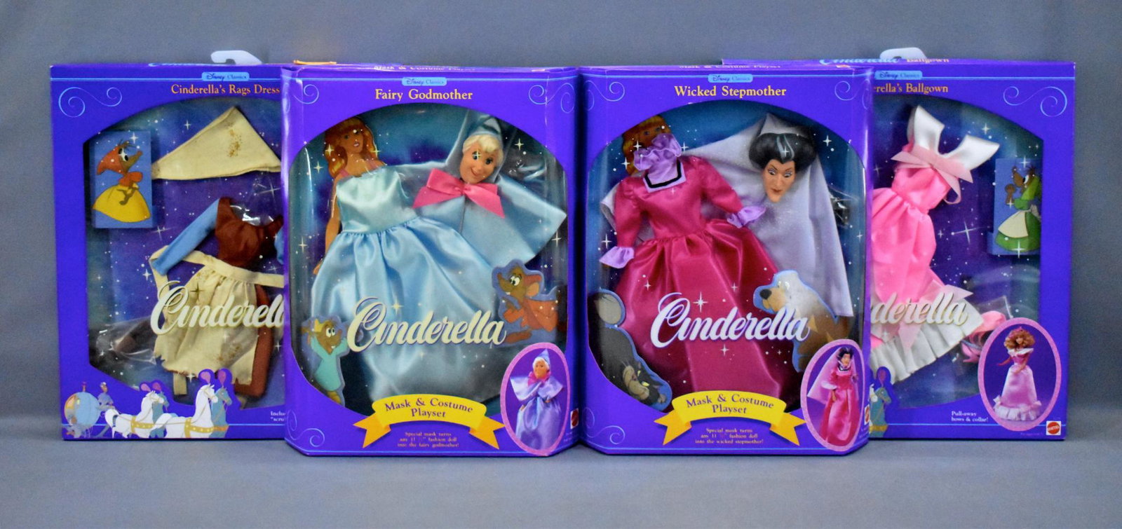 Mattel Cinderella Wicked Stepmother Fairy Godmother etc: Mattel Cinderella 2421 Wicked Stepmother and 2419 Fairy Godmother mask and costume sets plus Cinderellas Rags Dress and Ballgown, all never removed from box inexcellent original boxes.