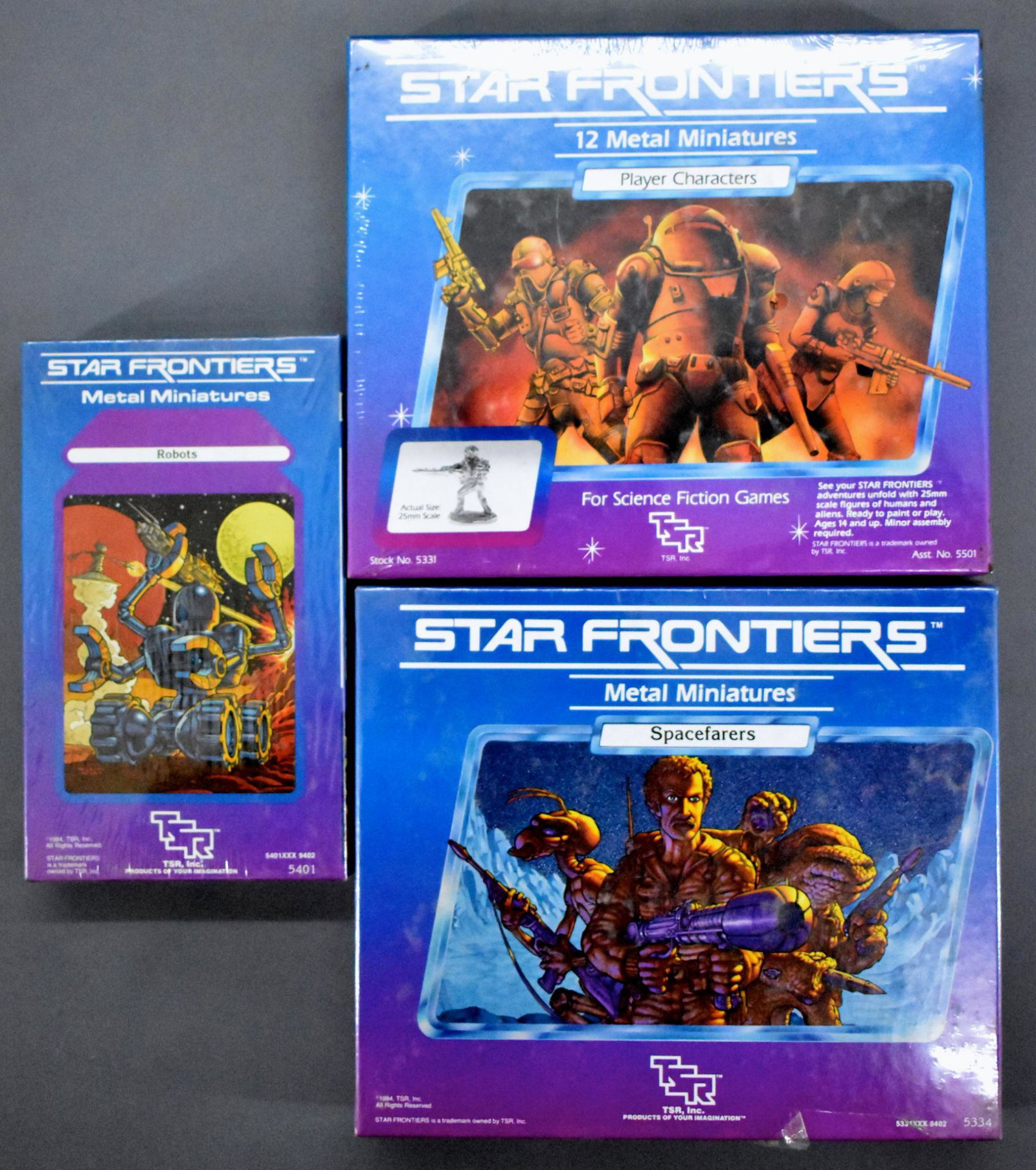 Three factory sealed TSR Star Frontiers lead figure: Three factory sealed TSR Star Frontiers lead figure sets to include 5401 robots, 5331 player characters and 5334 Spacefarers, all brand new and factory sealed . These date to 1983 and 1984.