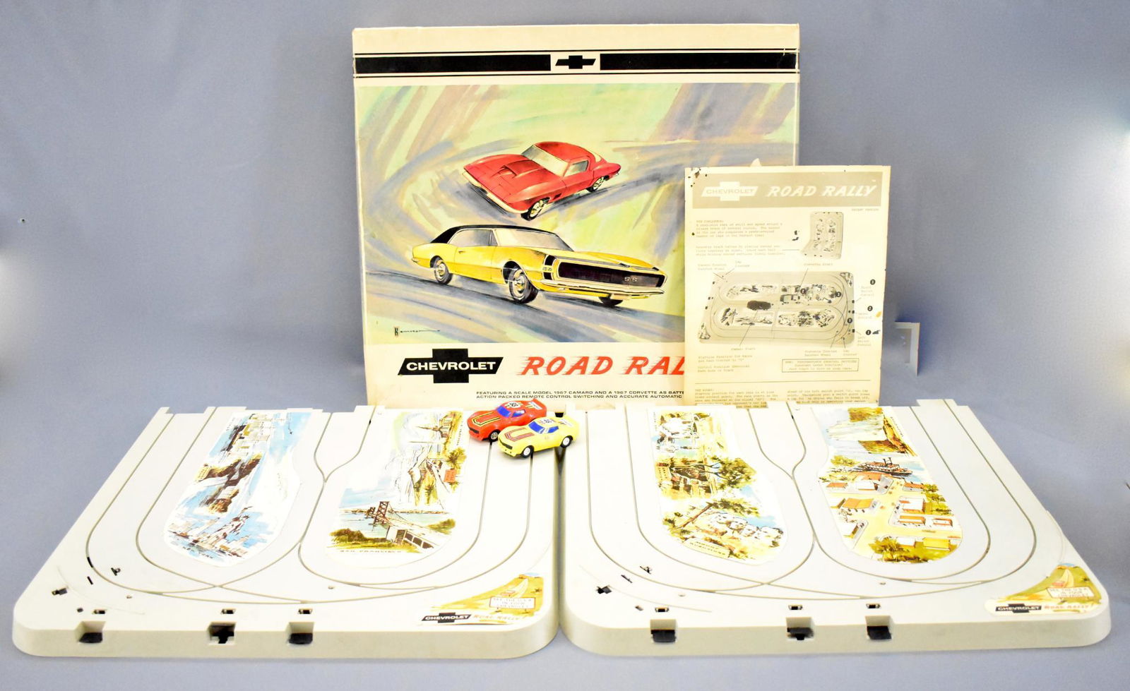 Republic Chevrolet Road Rally Slot car set: Republic Chevrolet Road Rally Slot car set, track looks complete,box is in good condition with shelf wear, split corners, and a few holes in the box top where parts of the track punched through. It do
