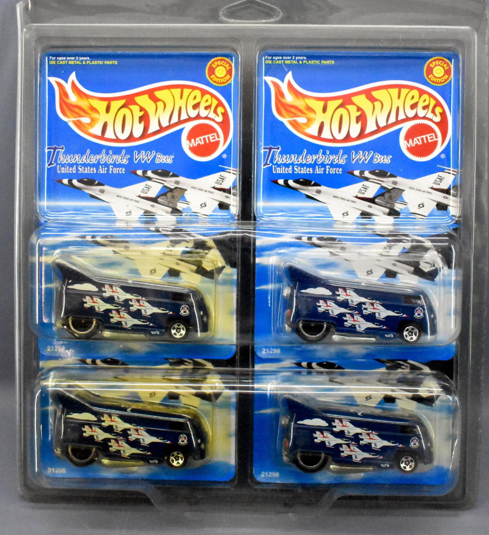 Group of four Hot Wheels Thunderbirds VW Bus: Group of four Hot Wheels Thunderbirds VW Busses in original blister packs, cards are nice but 2 of the blisters are yellowed.