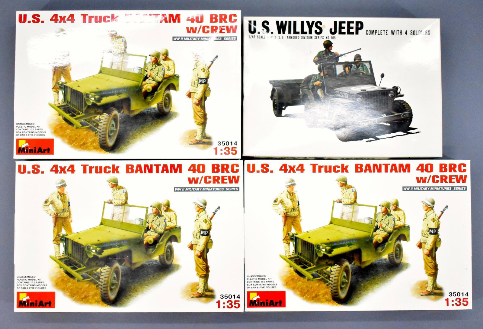 Group of 4 Mini Art Military models: Group of 4 Mini Art Military models, group includes 3 #35014 4x4 truck Bantam 40 BRC w/crew , all unbuilt in good boxes. Also includes 1 Bandai US Wills Jeep unbuilt in an open but good box.