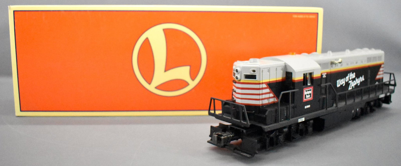 Lionel modern era O 18569 Burlington GP-9 diesel: Lionel modern era O 18569 Burlington GP-9 diesel locomotive in original box, locomotive hows light run time and is clean, C8+ in anexcellent original box but missing all original paperwork.