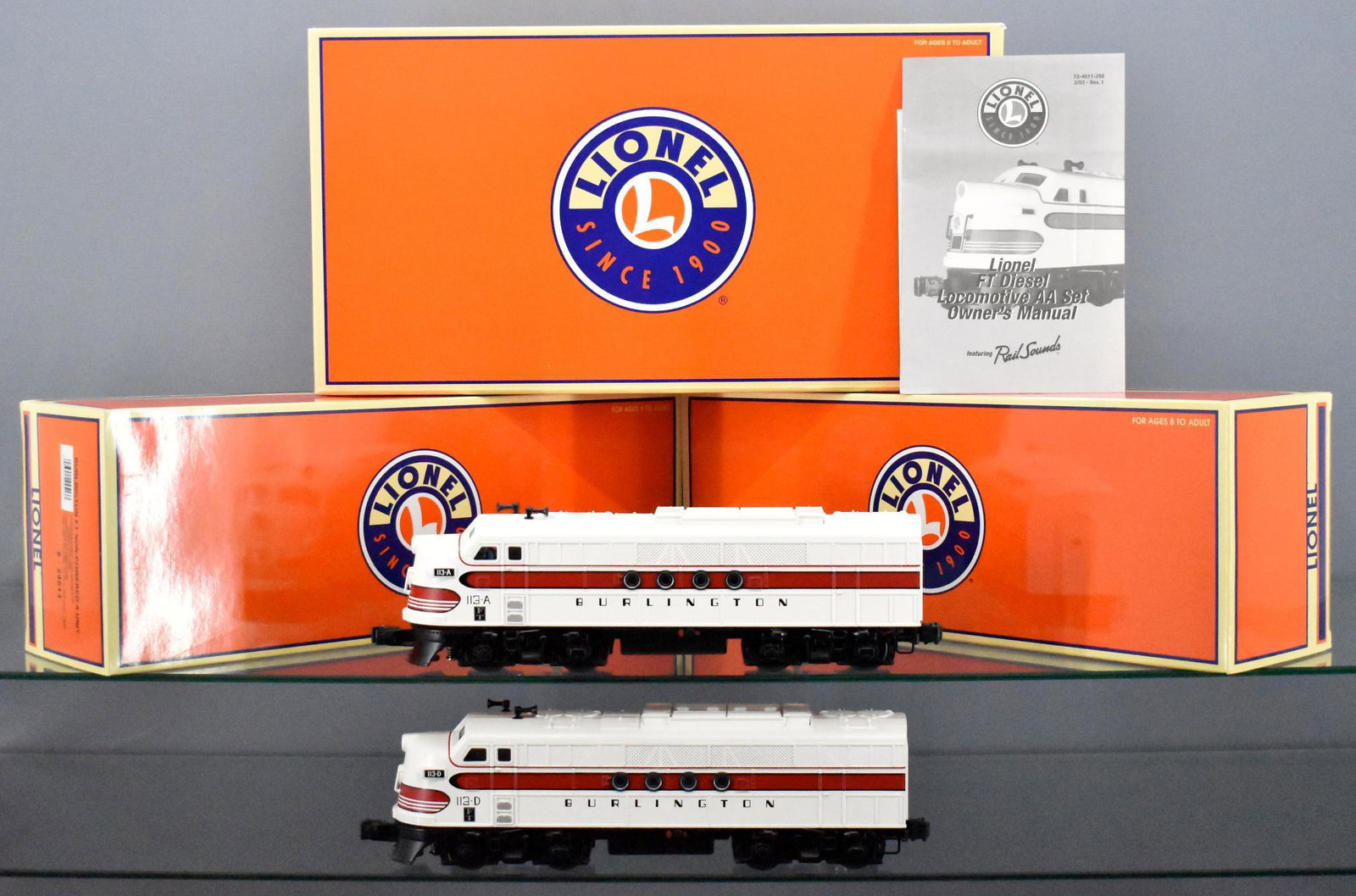 Lionel modern era O 24511 Burlington FT AA set in: Lionel modern era O 24511 Burlington FT AA set in original boxes. includes 24512 powered and 24513 non-powered A units, C8 with very light run time and excellent original boxes with original paperwork