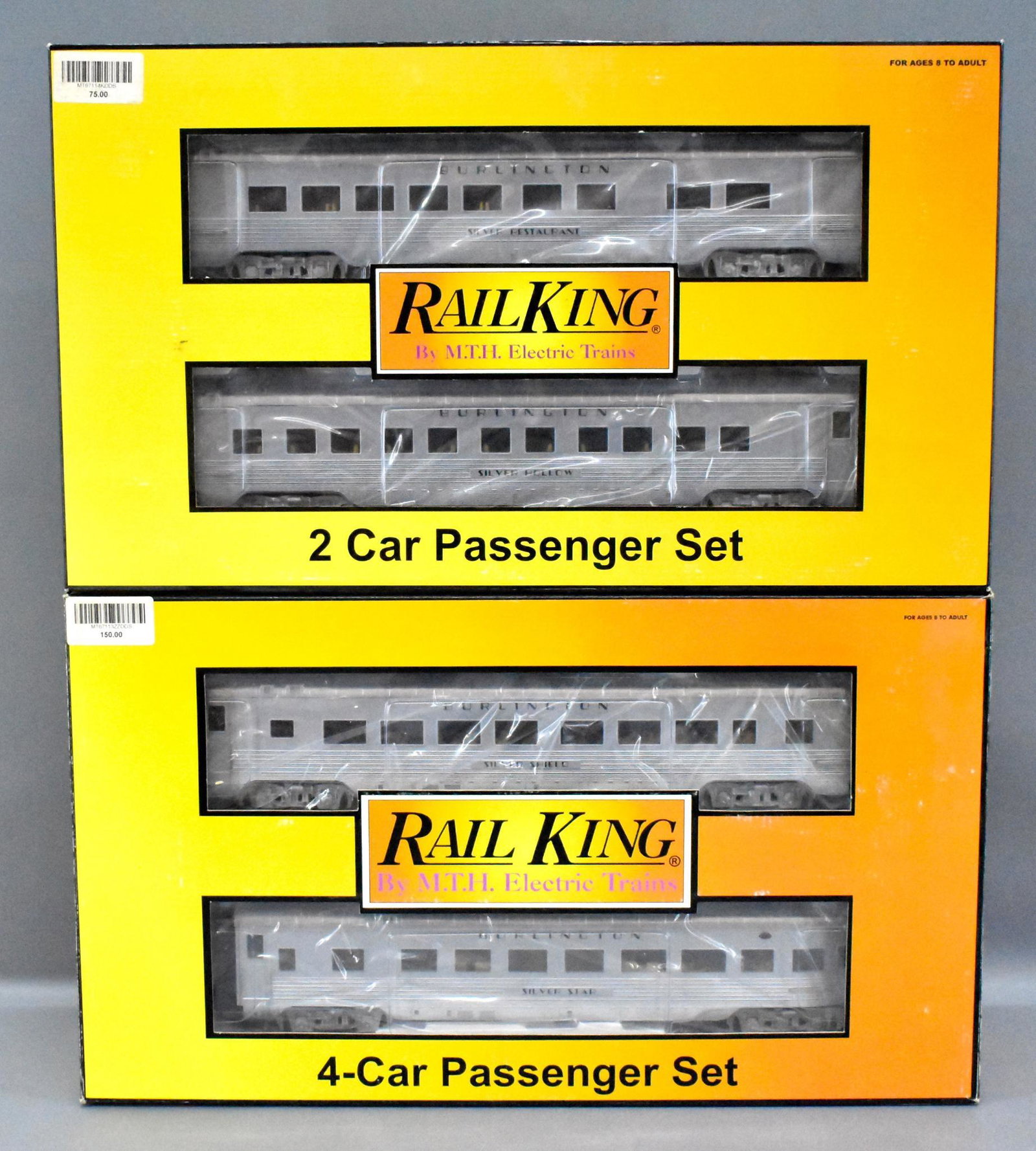 MTH Rail King O gauge Burlington streamlined passenger: MTH Rail King O gauge Burlington streamlined passenger car set in original boxes, includes a two car set and a four car set, all C8-9 in excellent original boxes. Cars may have dust from having been d