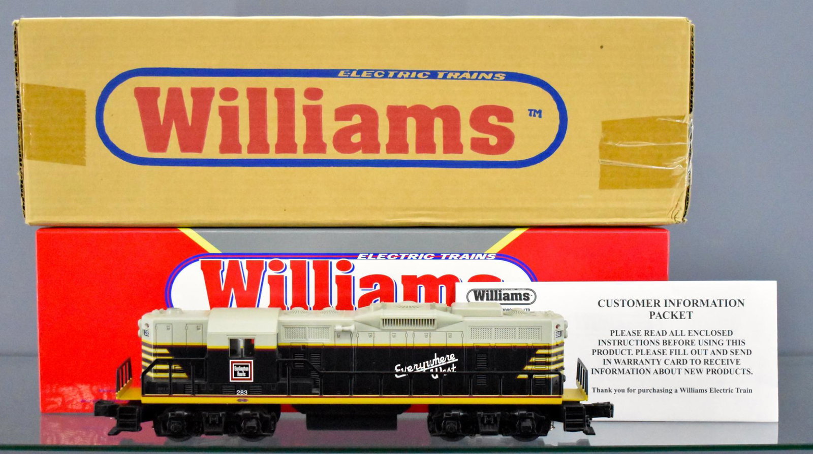 Williams O gauge Burlington GP-9 diesel locomotive in: Williams O gauge Burlington GP-9 diesel locomotive in original box GP9-205, unrun and C9-10 in a near mint original box with shipping carton that it will be shipped in.