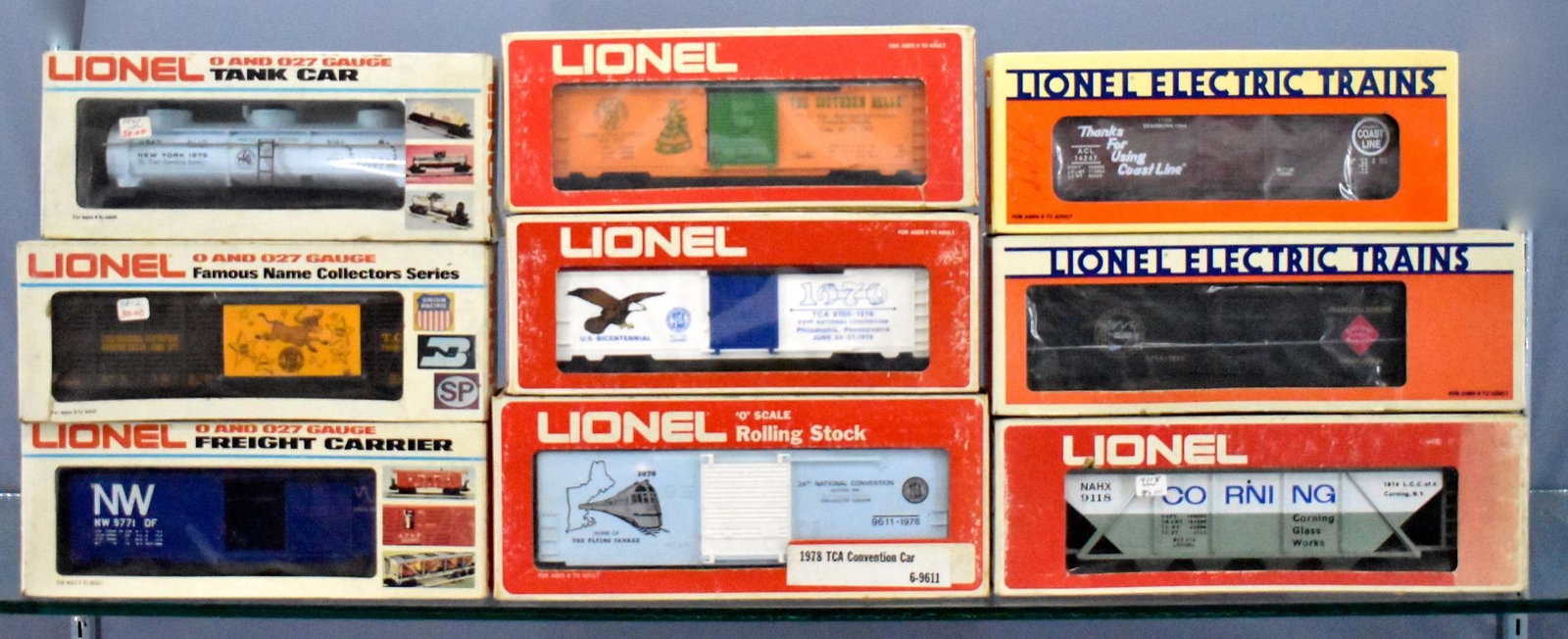 Nine Lionel modern era O TCA TTOS and LCCA freight cars: Nine Lionel modern era O TCA TTOS and LCCA freight cars in original boxes. Includes TTOS 12046 with Richard Kughn autograph, 9347 tank car, LCCA 9118 and TCA 9611, 9779, 7812, 9774 and 9771, all C8-9 
