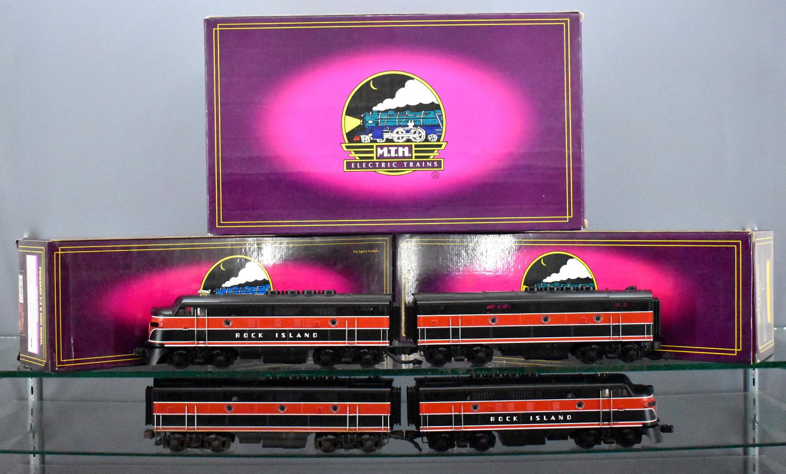 MTH Premier O gauge Rock Island EMD F-3 ABBA diesel: MTH Premier O gauge Rock Island EMD F-3 ABBA diesel locomotive set in original boxes. Includes MT-2127LP AA set with one powered and one dummy unit BCR installed, 20-2127-4 powered F-3 B unit and MT-2