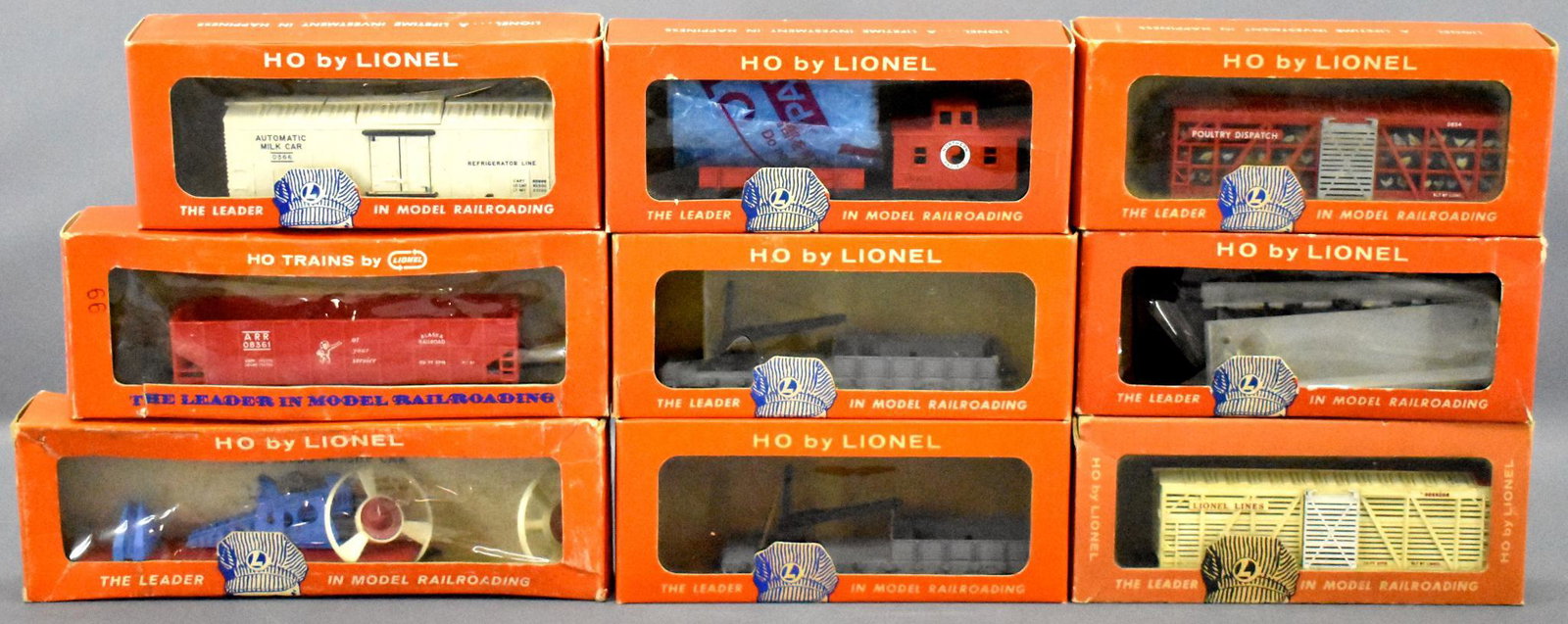 Group of Lionel postwar HO freight cars in original: Group of Lionel postwar HO freight cars in original boxes to include 0366, 866, 0301, 0860-200, 0834-1, 0860-200, 0819-2500836-110 and 0349. Trains are C6-7 with fair to very good original boxes but n