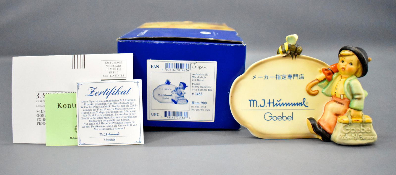 Goebel Hummel Japanese dealer plaque in original box: Goebel Hummel Japanese dealer plaque in original box. Merry Wanferer with bumble bee, mint condition in a nice original box.