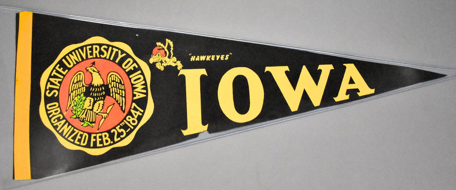 Vintage Iowa University Hawkeyes felt pennant: Vintage Iowa University Hawkeyes felt pennant, possibly from the 1960's but has some moth damage on the bottom edge below the letter I, measures 28" long.