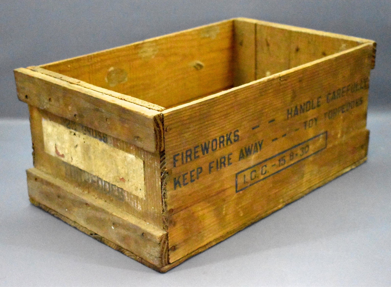 New Jersey Fireworks Manufacturing Co Inc wooden box: New Jersey Fireworks Manufacturing Co Inc wooden box for Toy Torpedoes, neat old wooden box, missing the lid, measures 17 1/2 x 10 1/2 x 7 1/2", contained 360 of the toys torpedoes.