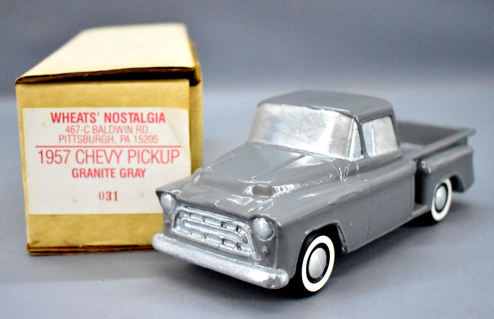 Wheat's Nostalgia 1957 Chevy pickup slush promo car: Wheat's Nostalgia 1957 Chevy pickup slush promo car Granite gray, excellent to near mint condition with a few tiny paint pops. The original box is in excellent condition.