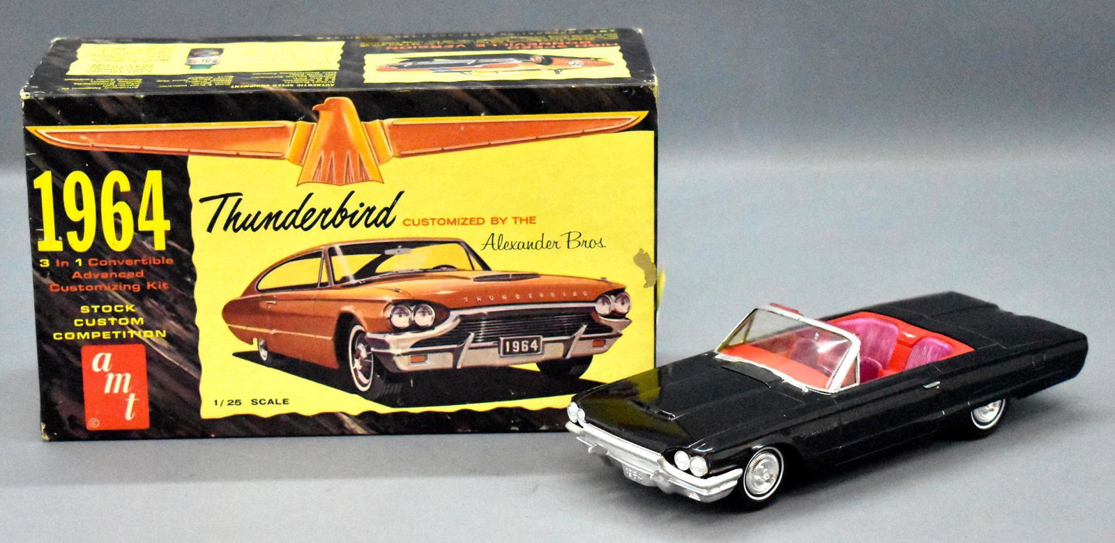 Built up AMT 1/25 1964 Ford Thunderbird convertible in: Built up AMT 1/25 1964 Ford Thunderbird convertible in original box, painted and detailed but missing the carburetor and appears to have had a antenna that is now missing, comes with an excellent orig