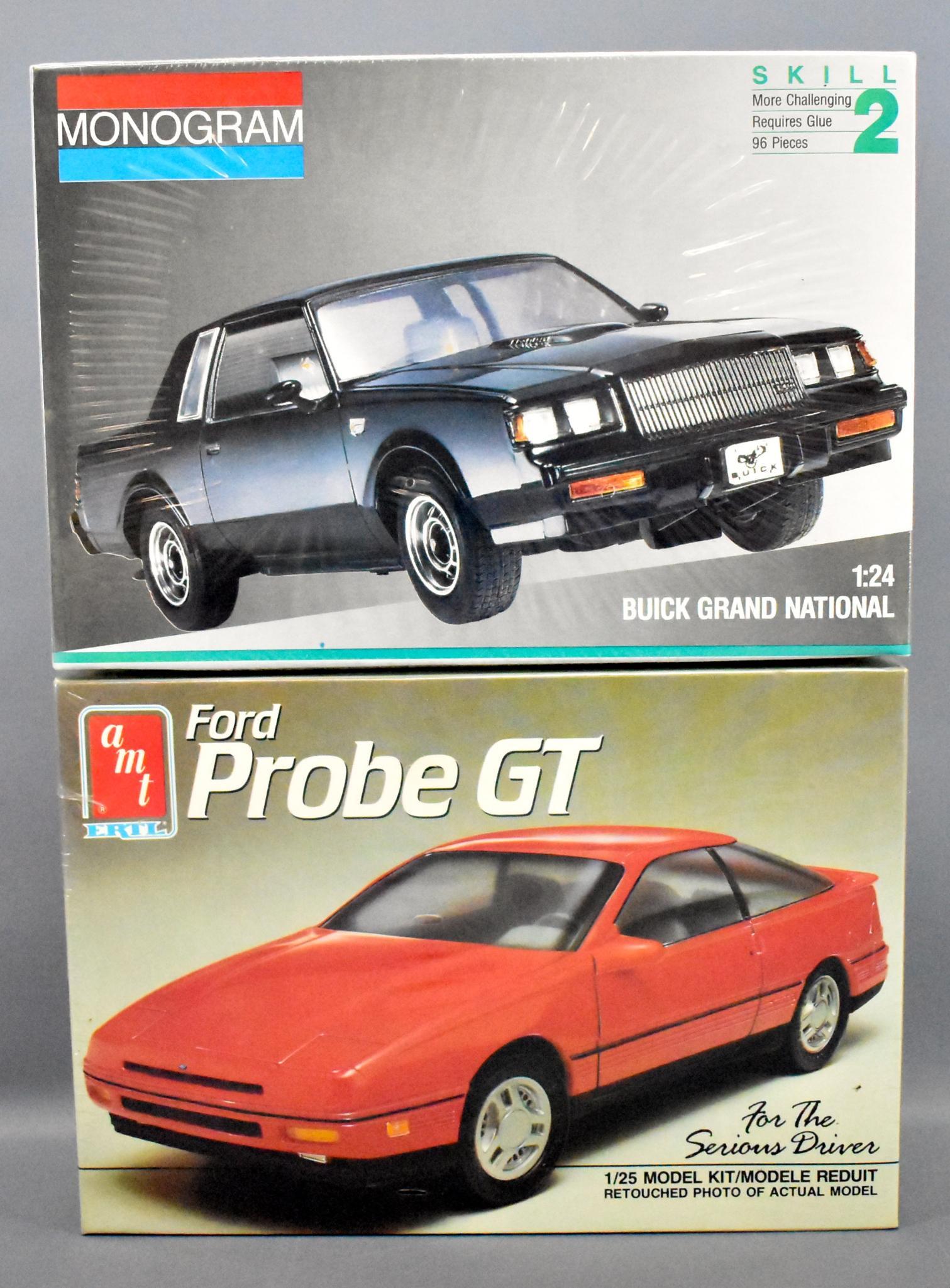 Two factory sealed 1980's production car scale model: Two factory sealed 1980's production car scale model kits to include 1/25 AMT Ertl 1989 Ford Probe GT and 1/24 Monogram 1987 Buick Grand National, both perfectly sealed in high grade original boxes.