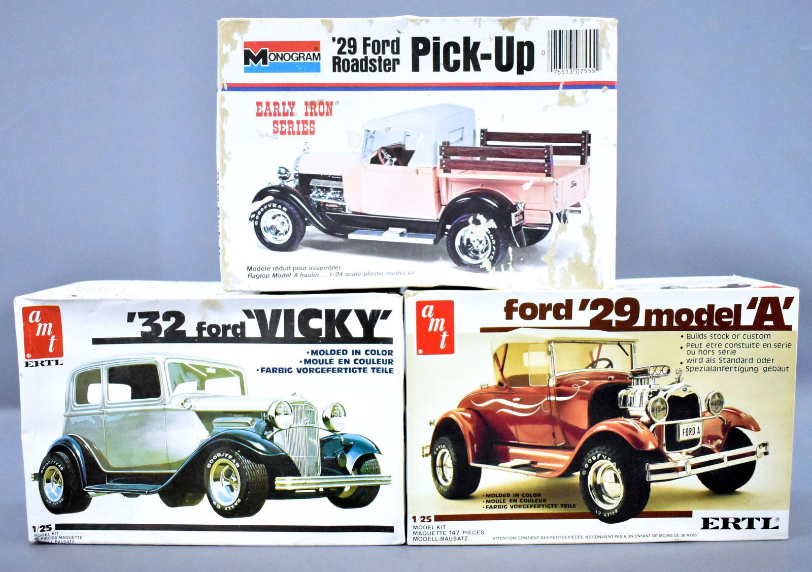 Three early Ford hot rod 1/24 1/25 scale model kits in: Three early Ford hot rod 1/24 1/25 scale model kits in original boxes. Includes built up Monogram 1/24 scale '29 roadster pickup plus mint unbuilt AMT Ertl 1/25 scale '29 Model A and '32 Vicky, both a
