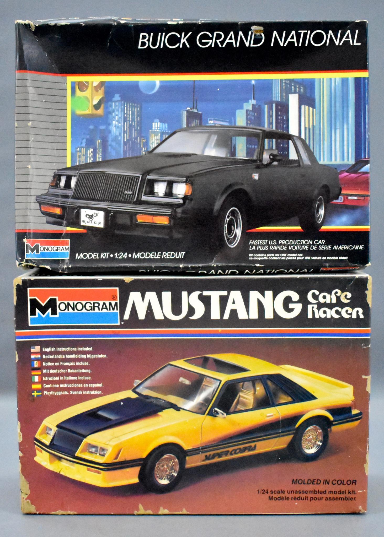 Pair of 1980's street racer 1/24 1/25 scale model kits: Pair of 1980's street racer 1/24 scale model kits in original boxes to include Ford Mustang caf_ racer 4 cylinder that is complete but the body has been painted and the wheels and rims were put togeth