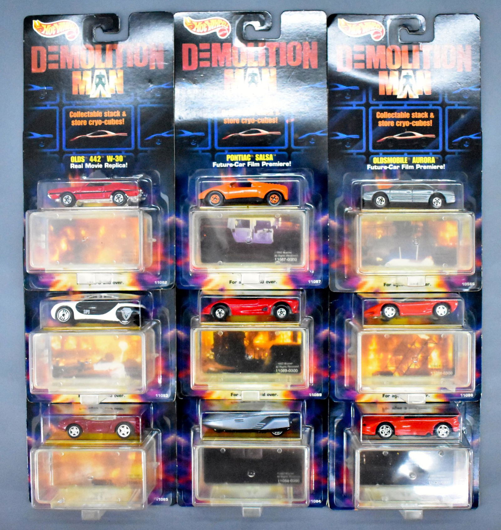 Complete collection of Hot Wheels Demolition Man die: Complete collection of Hot Wheels Demolition Man die cast cars, mint on sealed blister cards, all nine cars on very nice cards.