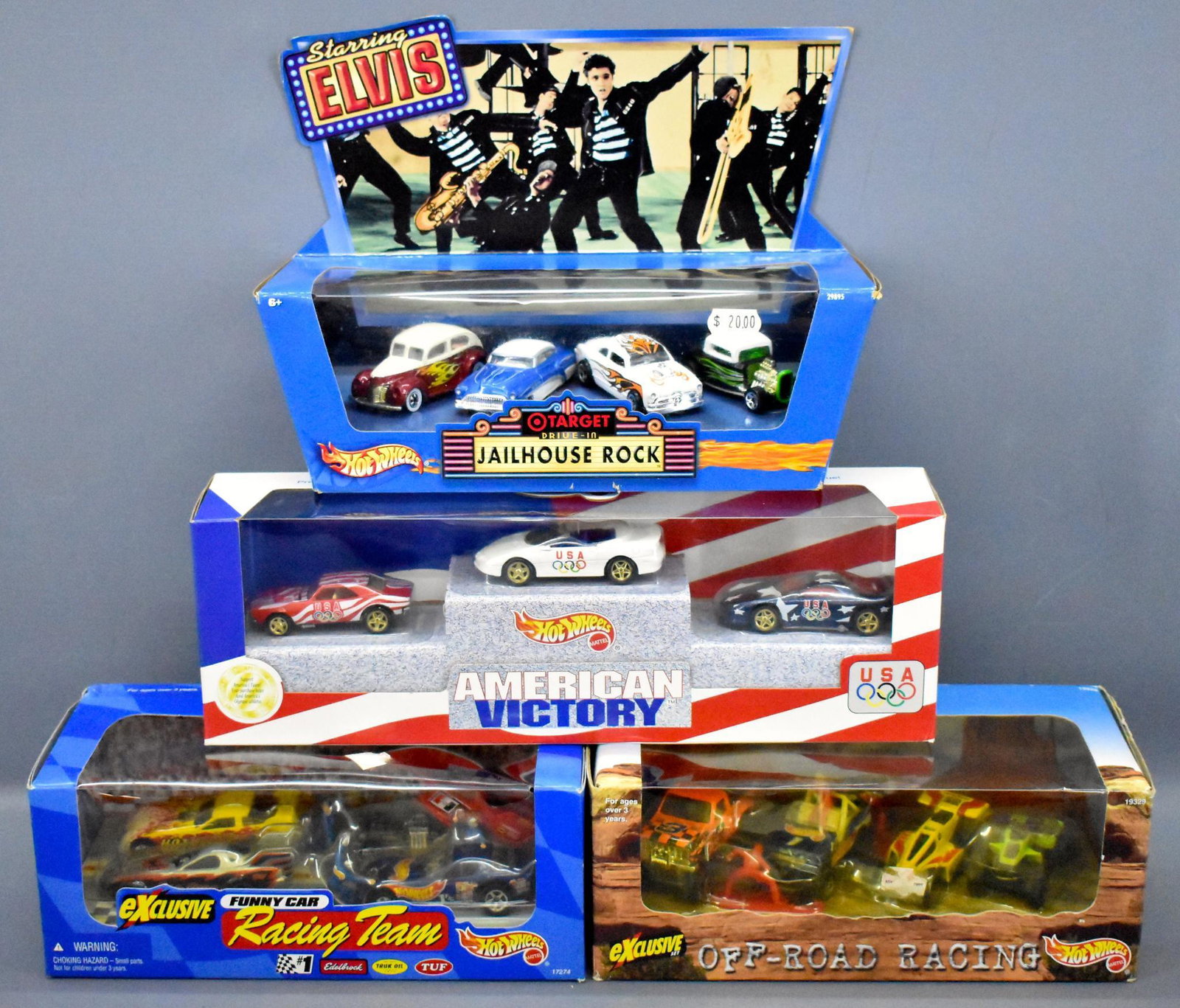 Four Hot Wheels muliple car boxed sets including Elvis: Four Hot Wheels muliple car boxed sets including Elvis, fifteen cars in all, the boxes range from fair to excellent.
