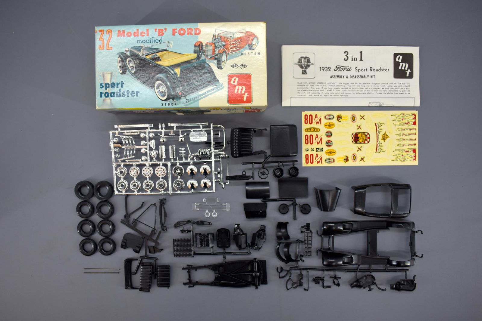 Pristine unbuilt AMT 1932 Model B Ford modified sport: Pristine unbuilt AMT 1932 Model B Ford modified sport roadster. Kit is complete with a crisp original instruction sheet, mint unused decal sheet and gorgeous original box, a time capsule that looks li