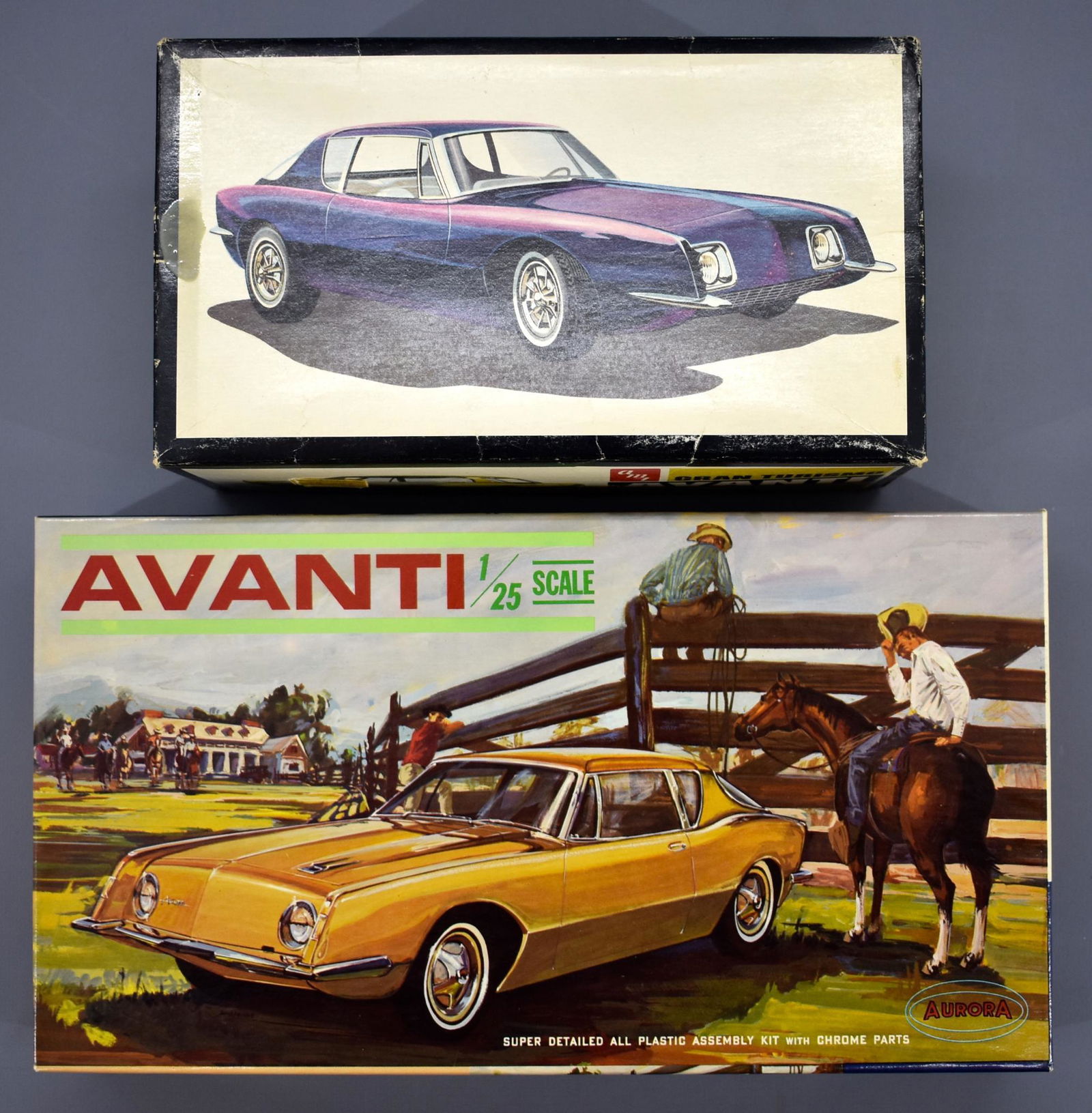 Two unbuilt Avanti 1/25 scale model kits one each: Two unbuilt Avanti 560-198 1/25 scale model kits one each Aurora and AMT. Both kits look complete with majority of parts still on sprues. AMT Gran Turismo has excellent original decal sheet and instru