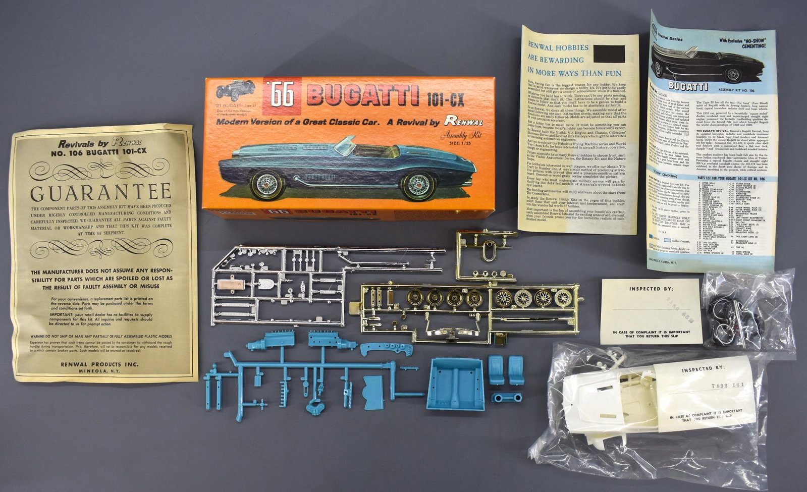 Unbuilt Renwal Revival '66 Bugatti 101-cx 106-198 1/25: Unbuilt Renwal Revival '66 Bugatti 101-cx 106-198 1/25 scale model kit. This is a fantasy piece. Kit looks complete with majority of parts on sprues, nice original instruction sheet and other papers. 