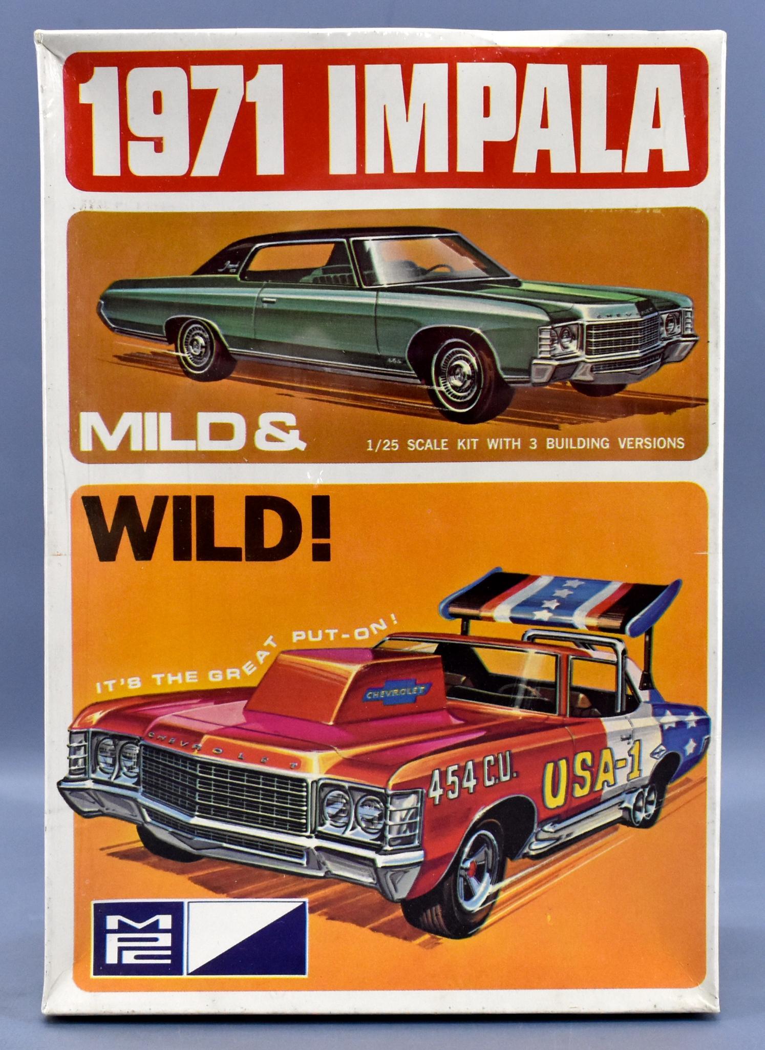 Factory sealed MPC 1971 Impala Mild & Wild 1/25 scale: Factory sealed MPC 1971 Impala Mild & Wild 1/25 scale model kit, 7103. Kit is nicely sealed but has a seam split on both long sides. The lid is sunken in but very nice and bright, a beautiful display