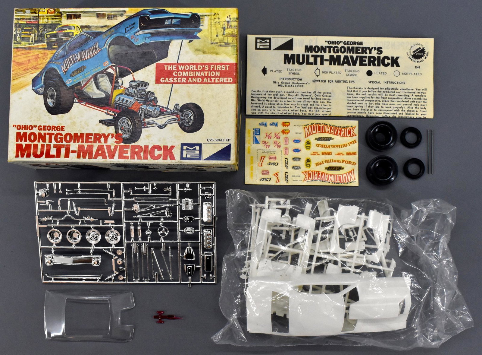 Mint unbuilt MPC Multi Maverick 1/25 scale model kit in: Mint unbuilt MPC Ohio George Montgomery's Multi-Maverick 1/25 scale model kit in original box, 0740-225. This is an open box, sealed bag kit with crisp original instruction sheet and mint unused decal