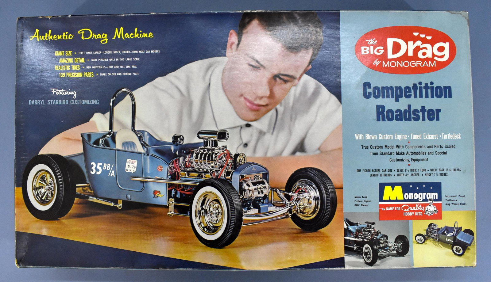 Mint unbuilt Monogram The Big Drag 1/8 scale model kit: Mint unbuilt Monogram The Big Drag 1/8 scale model kit in OB PC84*1098. Kit appears completely untouched except for the cardboard that would have covered the cellophane window. The lid is loose on one