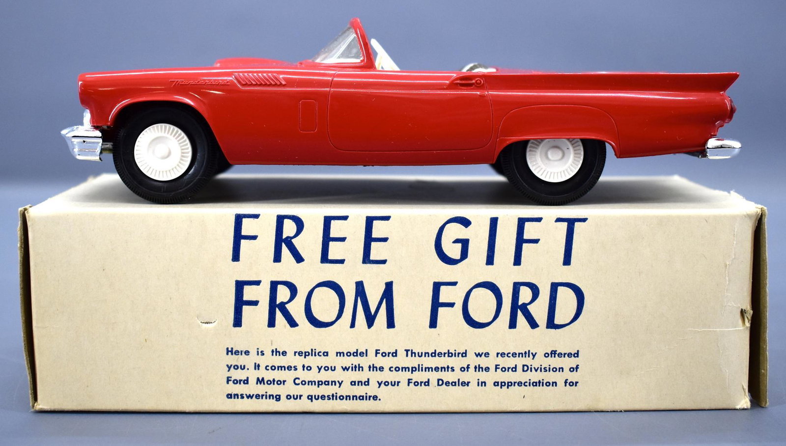 AMT 1957 Ford Thunderbird Convertible dealer promo: AMT 1957 Ford Thunderbird Convertible dealer promo friction car in original box. Box is excellent and the cvar is near mint, though the car does have a few miniscule scratches near the hood scoop.