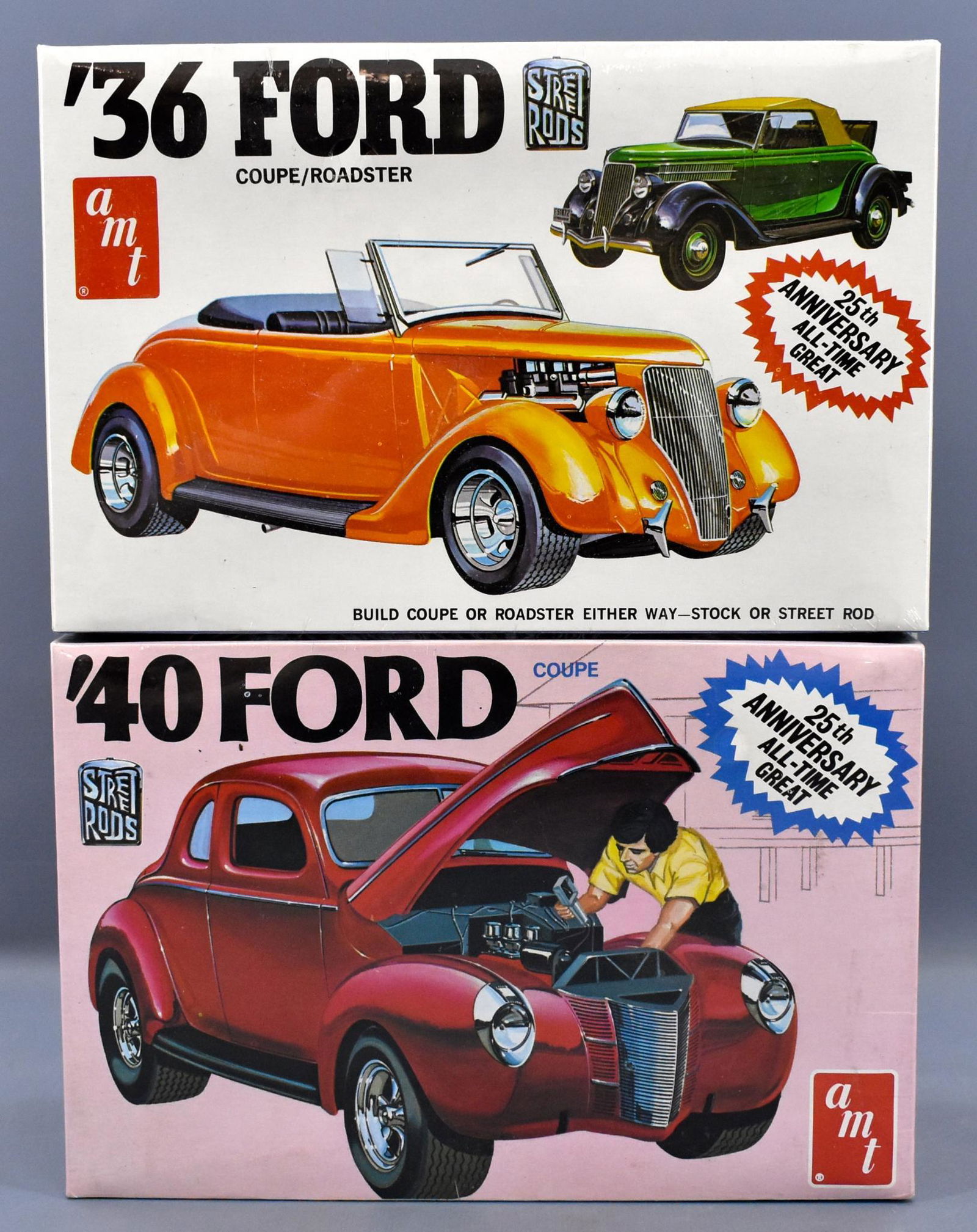 Two AMT factory sealed Street Rods 1/25 scale model: Two AMT factory sealed Street Rods 1/25 scale model kits, both are 25th anniversary kits but are likely 30+ years old and include '36 Ford coupe / roadster A136 and '40 Ford coupe A140. Both are perfe
