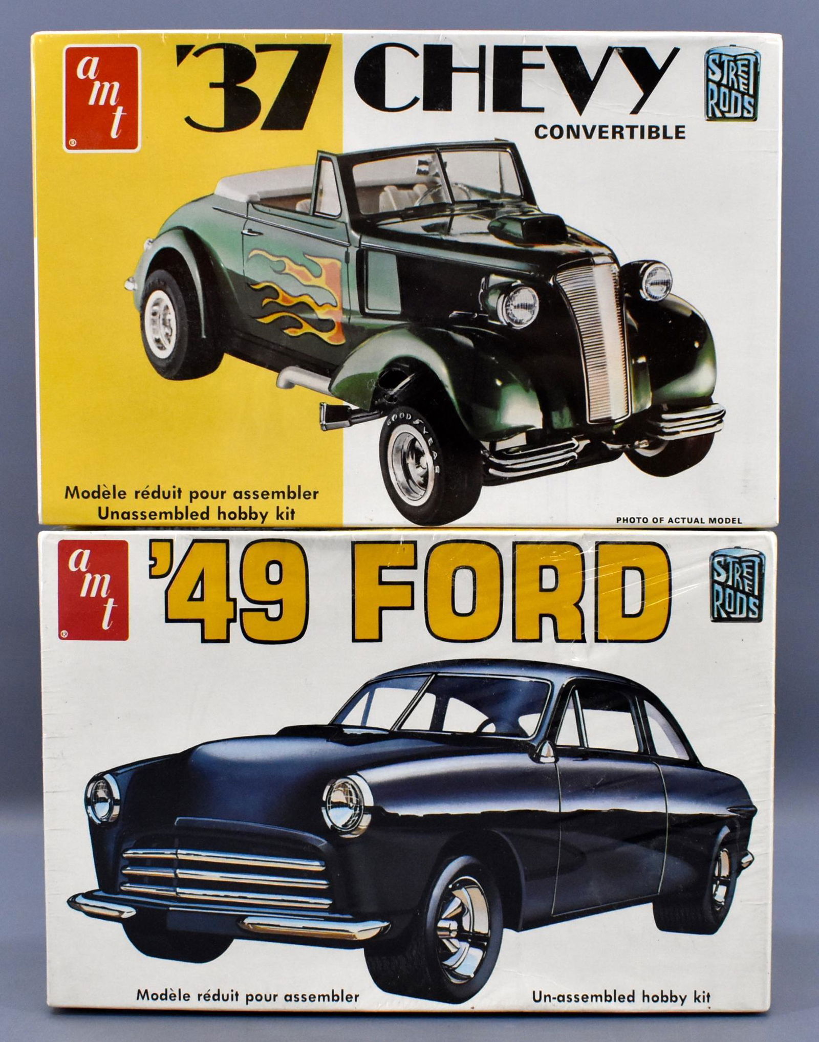 Two AMT factory sealed Street Rods 1/25 scale model: Two AMT factory sealed Street Rods 1/25 scale model kits to include '37 Chevy convertible T141 and '49 Ford T290. Both are perfectly sealed in high grade original boxes.