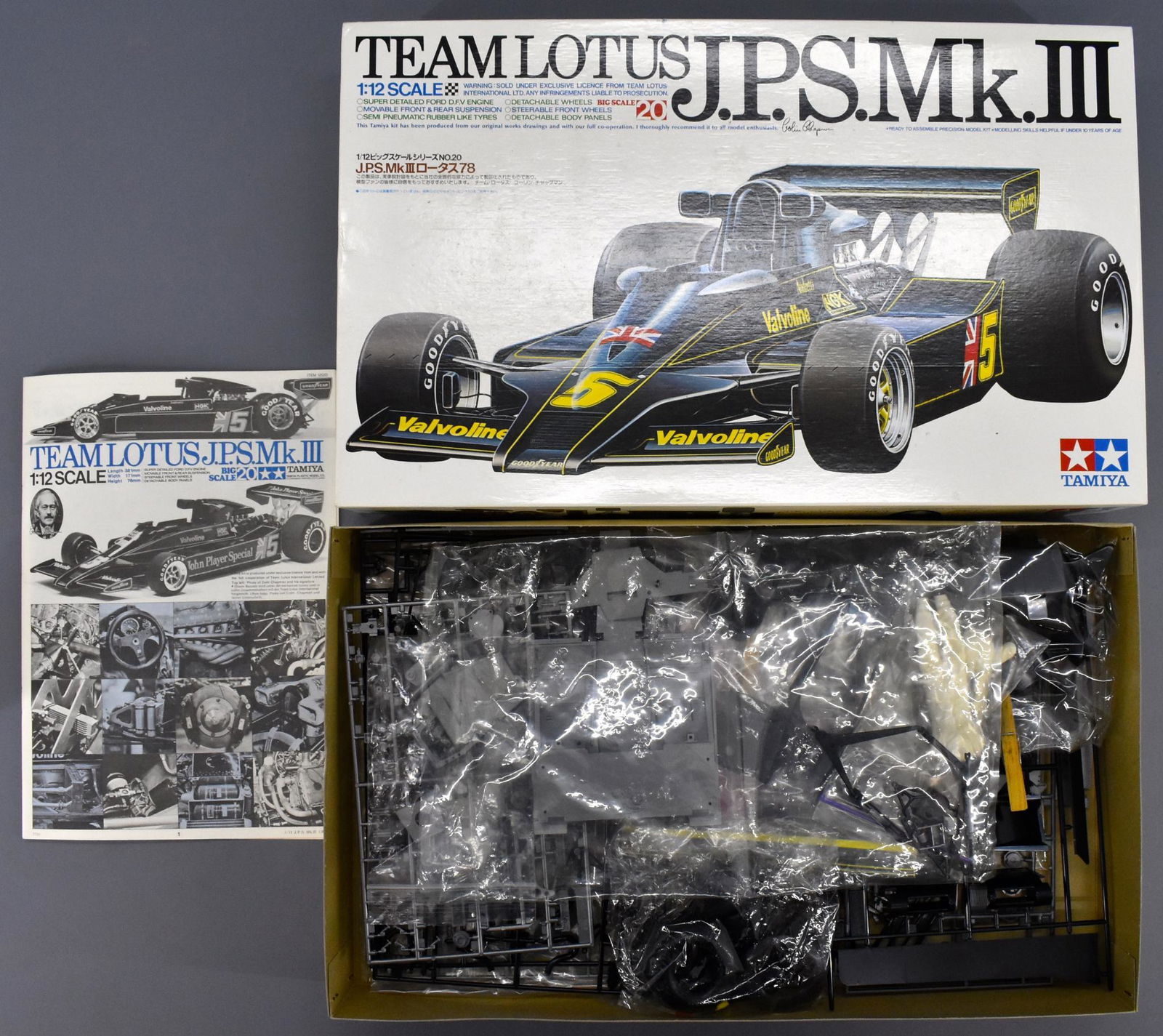 Unbuilt Tamiya 1/12 scale Team Lotus John Player: Unbuilt Tamiya 1/12 scale Team Lotus John Player Special Mk. III 1/12 scale plastic model kit, 12022. Kit has some of the bags opened inside and some still sealed. Appears to be complete and is unstar