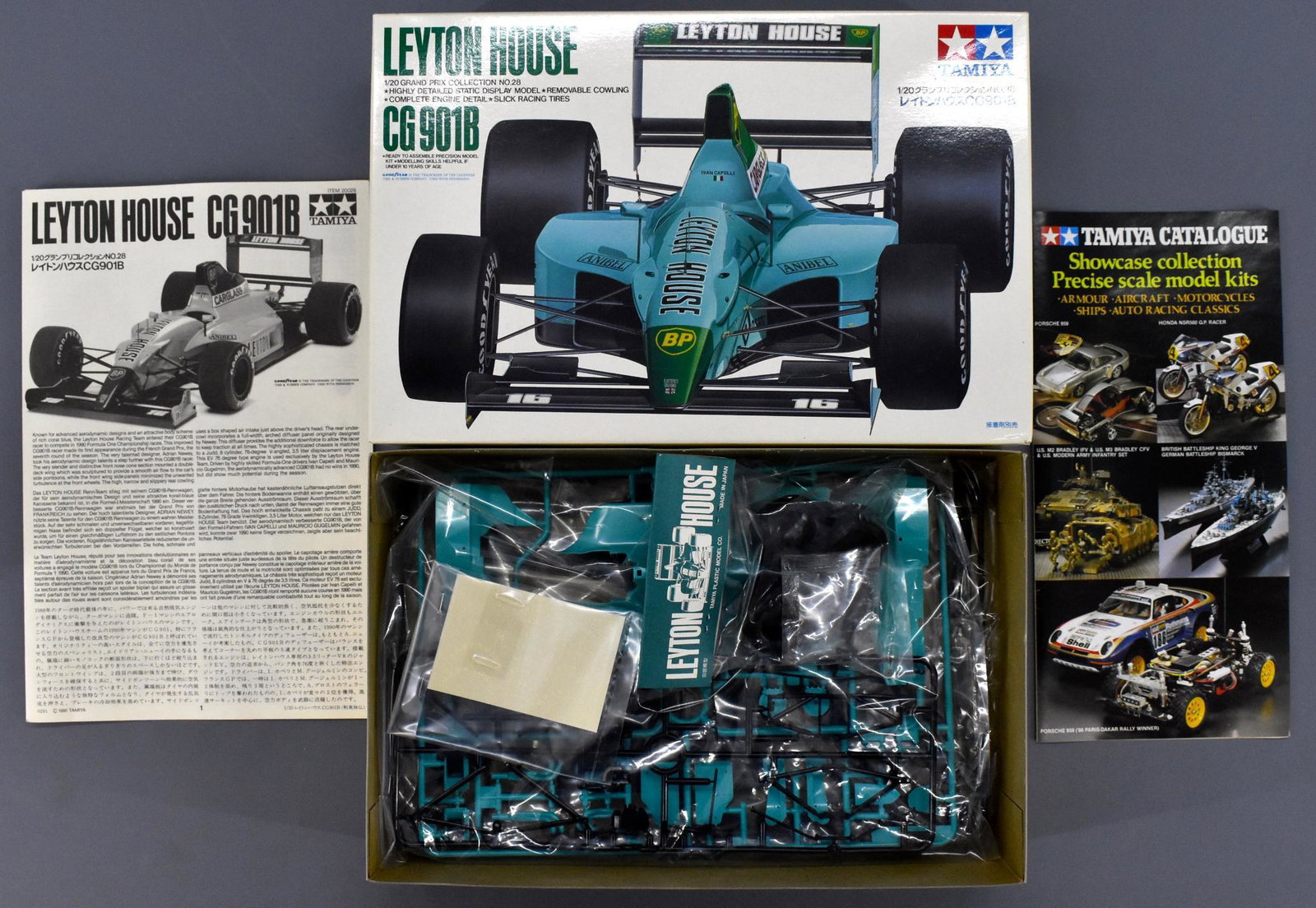 Mint unbuilt Tamiya Leyton House CG901B 1/20 scale: Mint unbuilt Tamiya Grand Prix Leyton House CG901B 1/20 scale plastic model kit in original box, 20028. This is an open box, sealed bag kit with mint original instruction sheet, mint unused decal shee