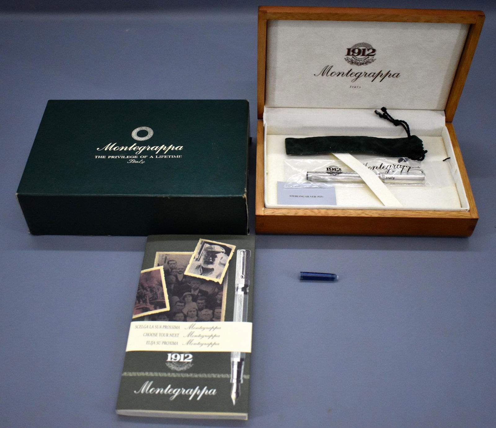 Montegrappa RE 3 sterling silver luxury fountain pen in: Montegrappa RE 3 Reminiscence sterling silver luxury fountain pen in original box. Pen has been used but is in excellent to near mint condition with a near mint original box, original paperwork and a