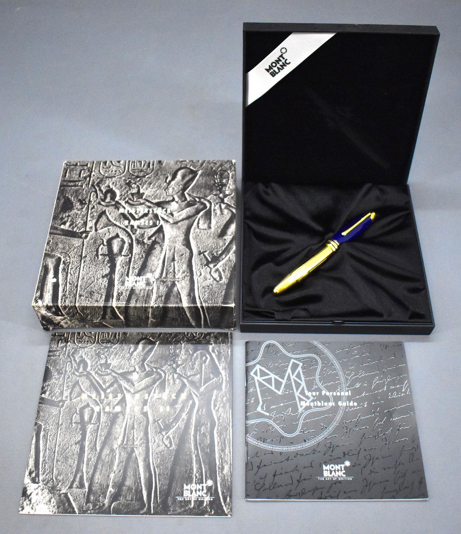 Montblanc Meisterstuck Rameses II fountain pen in: Montblanc Meisterstuck Rameses II fountain pen in original box, made of Lapis Lazuli and 22K gold vermeil over sterling silver and an 18 karat gold nib marked 4810, it may have been used but is except